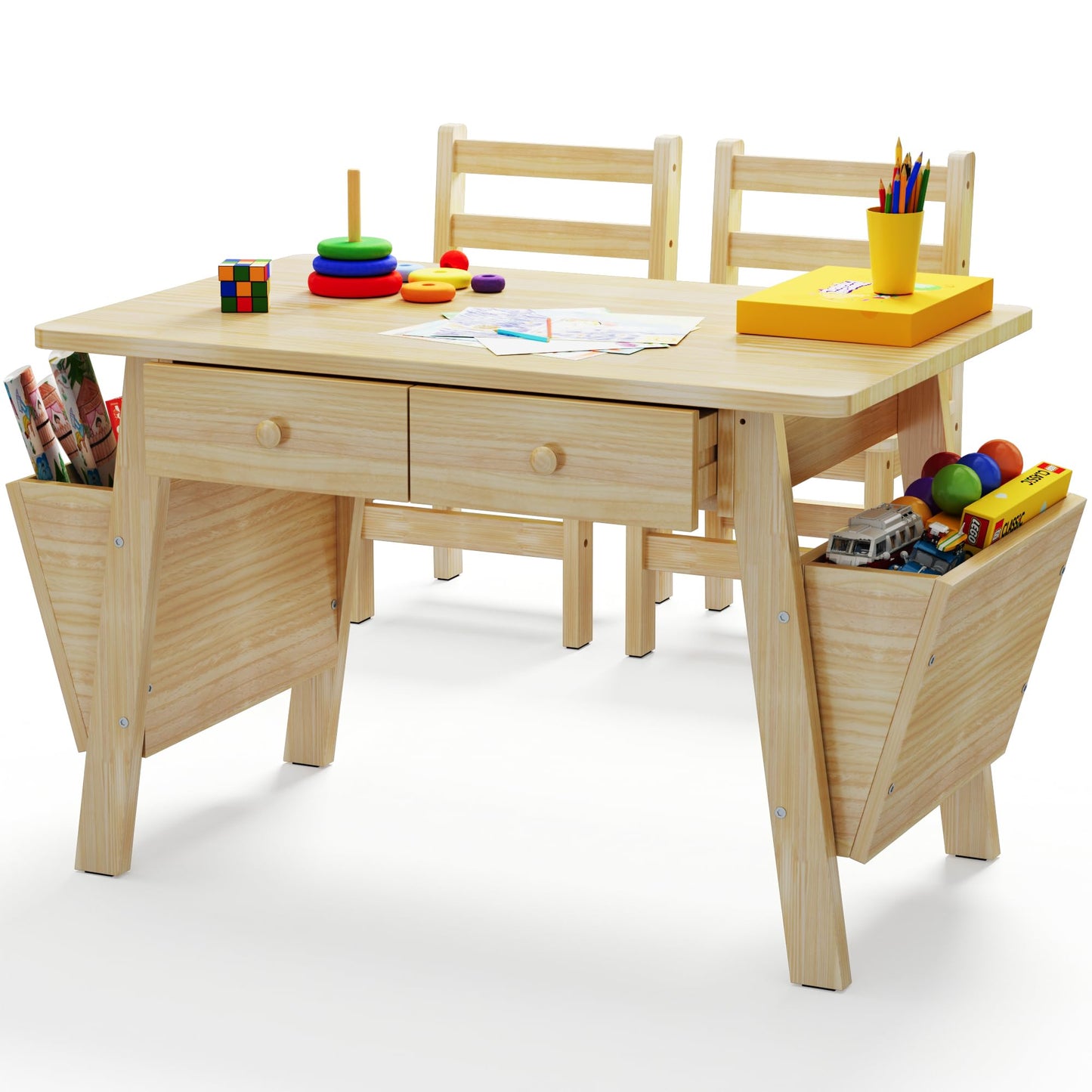 Beskadi Solid Pine Wood Table and 2 Chairs Set, Desk with Storage Bins, Premium Quality Wooden Table and Chair Set for Bedroom &Home - Boho Desks
