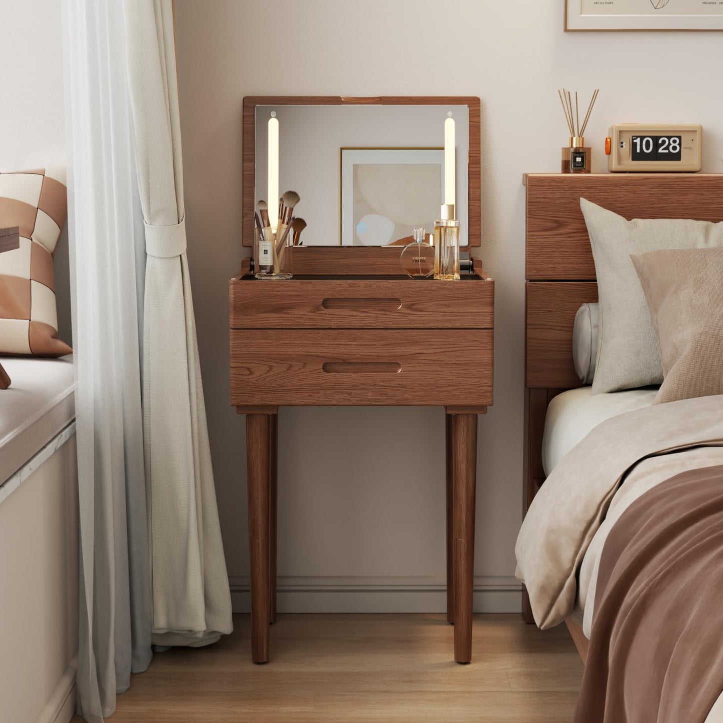 Muwuele Solid Wood Small Vanity Desk with Mirror and Lights, Narrow Makeup Vanity for Small Space, Flip Top Vanity Side Table, 3 Color Modes & Adjustable Brightness, 19.6" Slim Dressing Table, Walnut