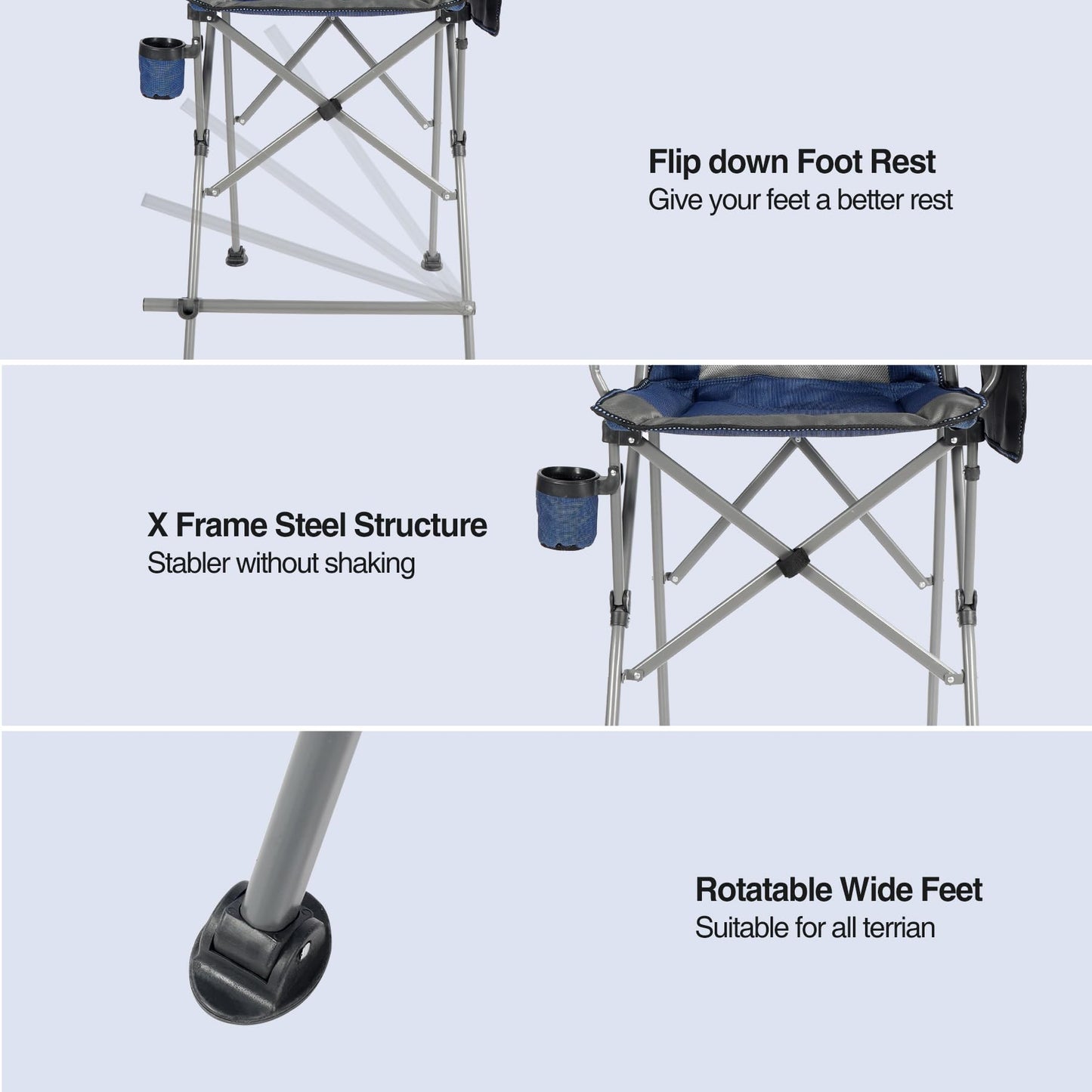 Stonehomy Extra Tall Folding Chairs for Adults 2 Pack, Portable Bar Height Foldable Director Chairs for Camping Outside, Comfortable with Makeup PocketHigh Back and Footrest, Blue and Black