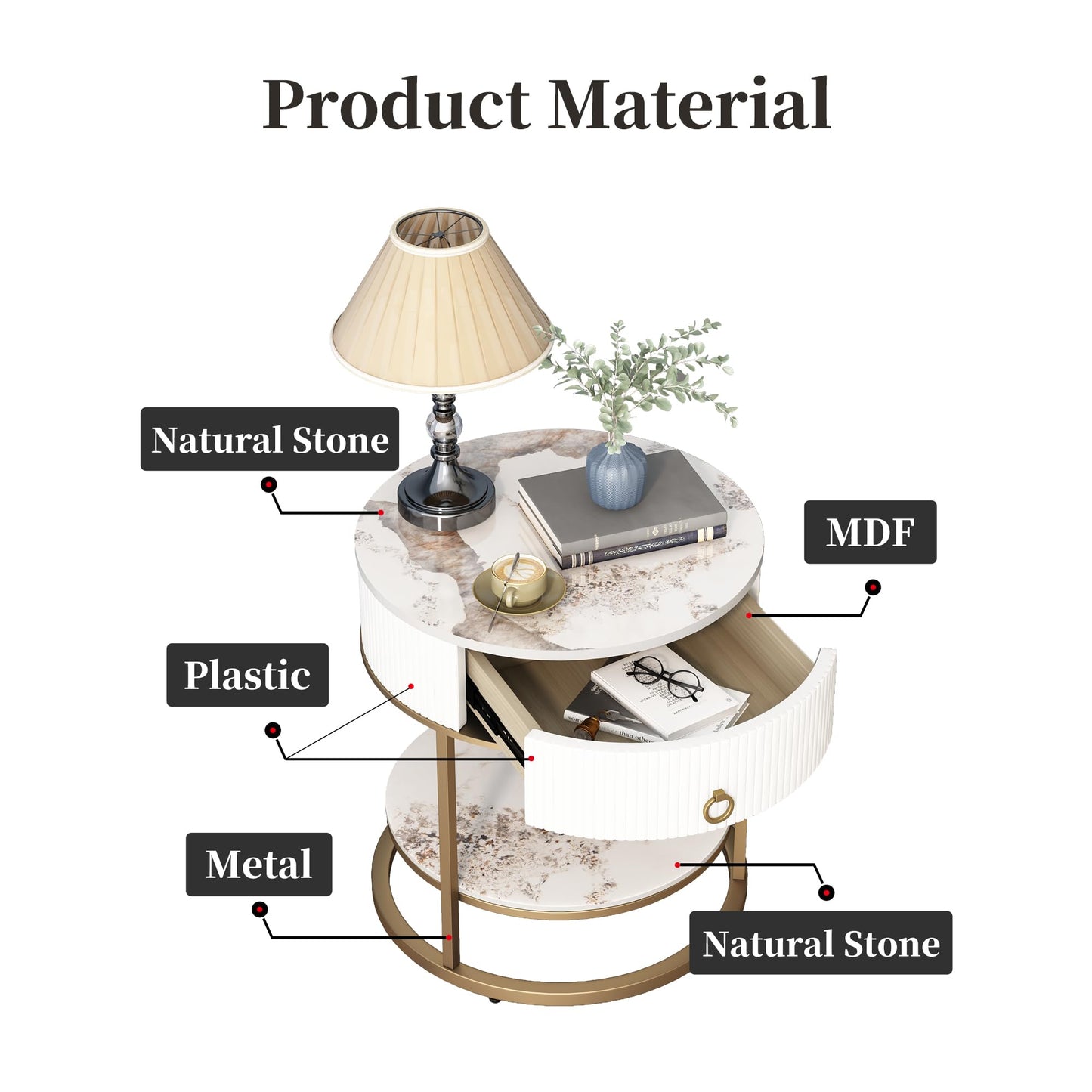OIOG Round Side Table with Drawer, 2 Tier Night Stand with Shelf, Modern Side Table with Gold Legs for Living Room, Bedroom, Dorm, Marbling Natural Stone/Gold