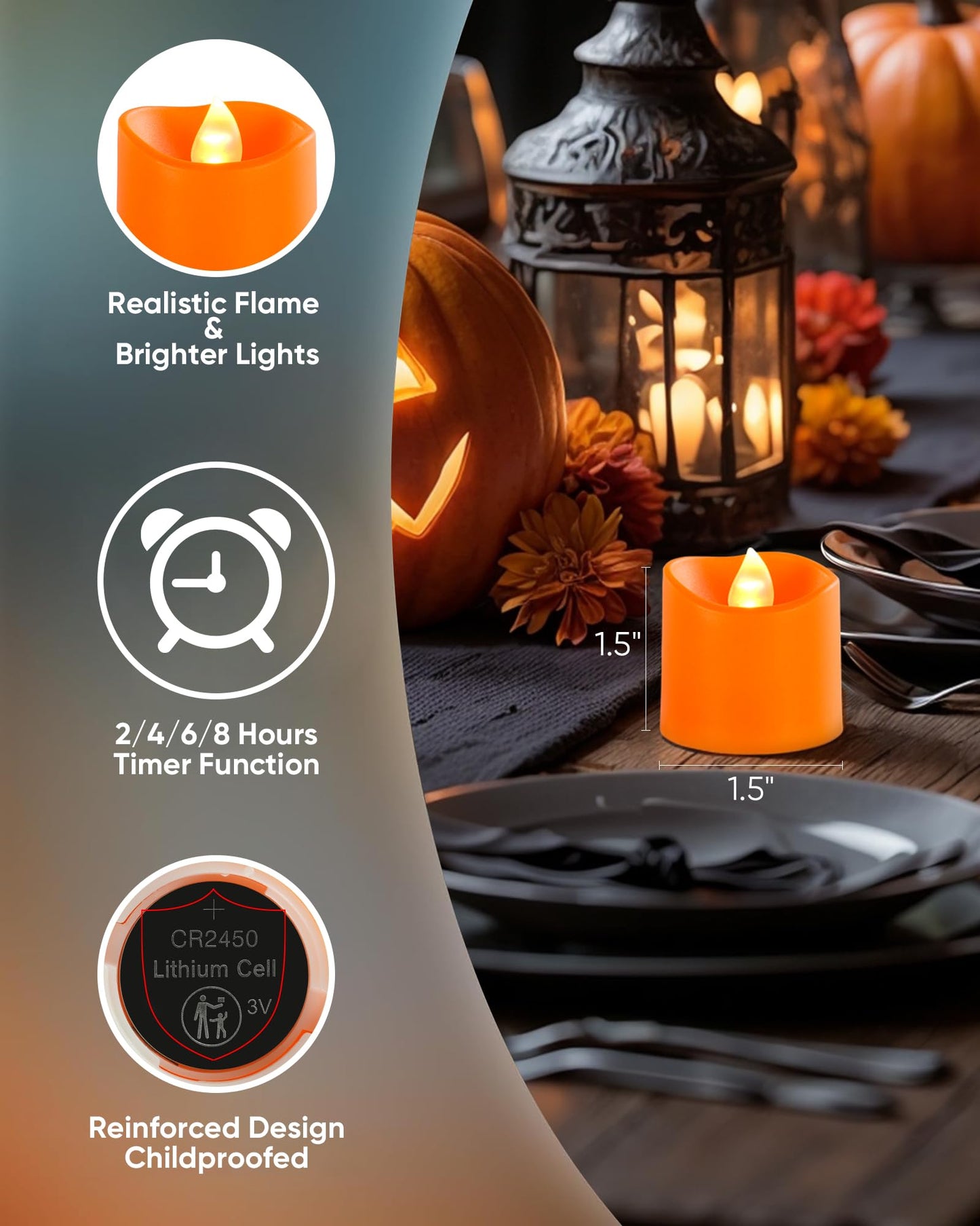 Homemory 12Pack 400+Hour Remote Control Flameless Candles, 2/4/6/8H Timer Led Votive Candles, Battery Operated Tea Lights for Wedding Table Centerpiece, Holidays, Halloween Pumpkins-Orange