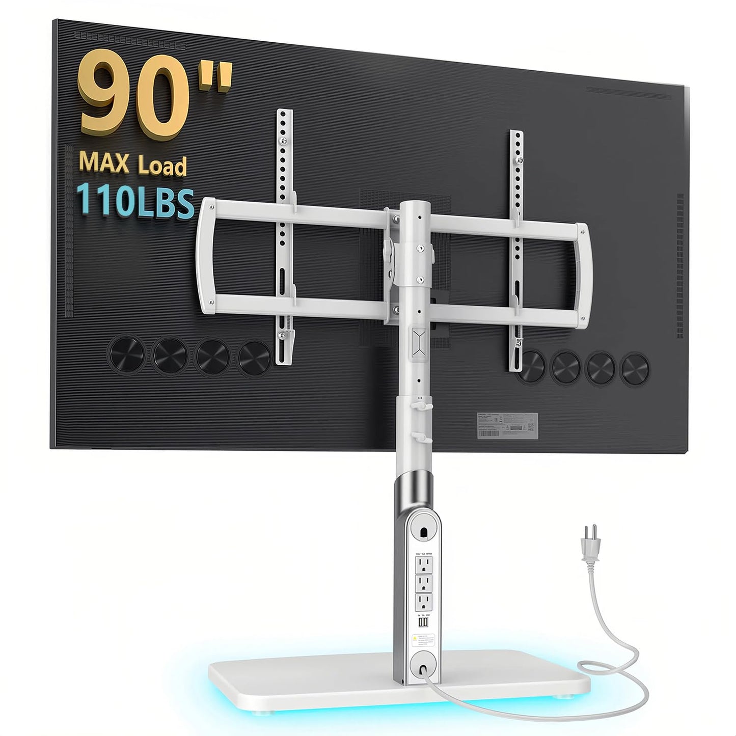 LLDEPLL Universal TV Stand Tabletop TV Mount with Power Outlet for 50-90 Inch OLED LED Monitors, 9 Levels Height Adjustment, Ambient Lighting on The Bottom Holds up to 150lbs, White Max Vesa 600x400mm