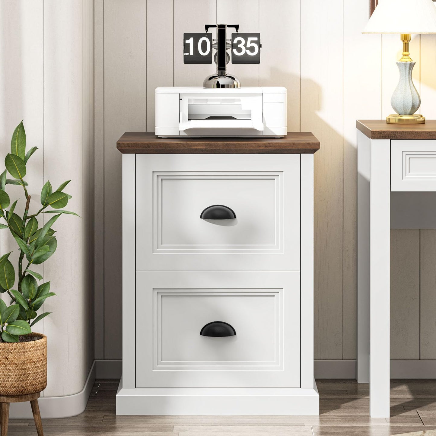 Halitaa Vertical File Cabinet, Filing Cabinet with 2 File Drawers, Farmhouse Small File Cabinet Fits Letter/A4 Size, Wooden Printer Stand, Under Desk Cabinets for Home Office, White