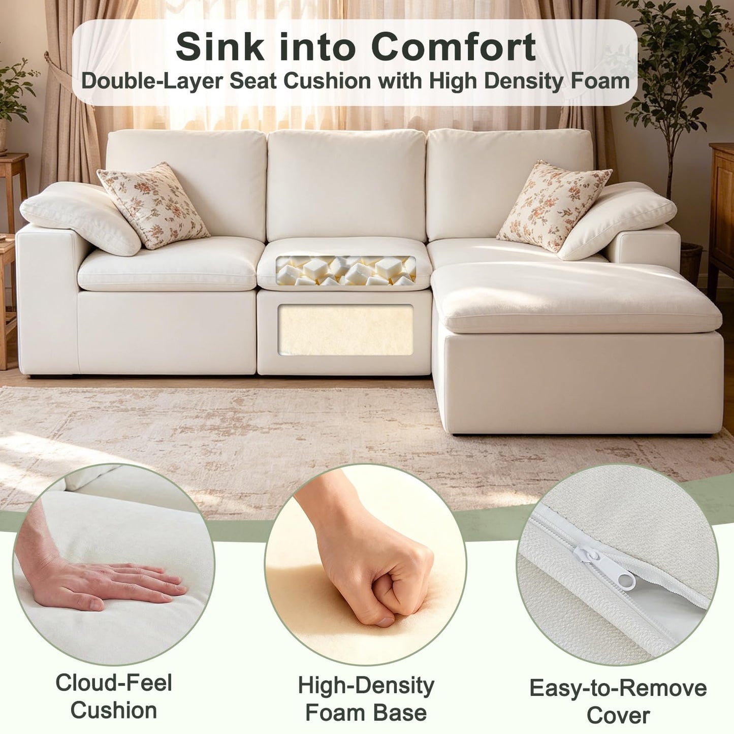 Nigoone 108" Sectional Couches for Living Room, Modular Cloud Sofa with Ottoman, No Assembly, Convertible L Shaped Boneless Couch, Adjustable Sofa Backrest, 4 Seater, Warm White Chenille