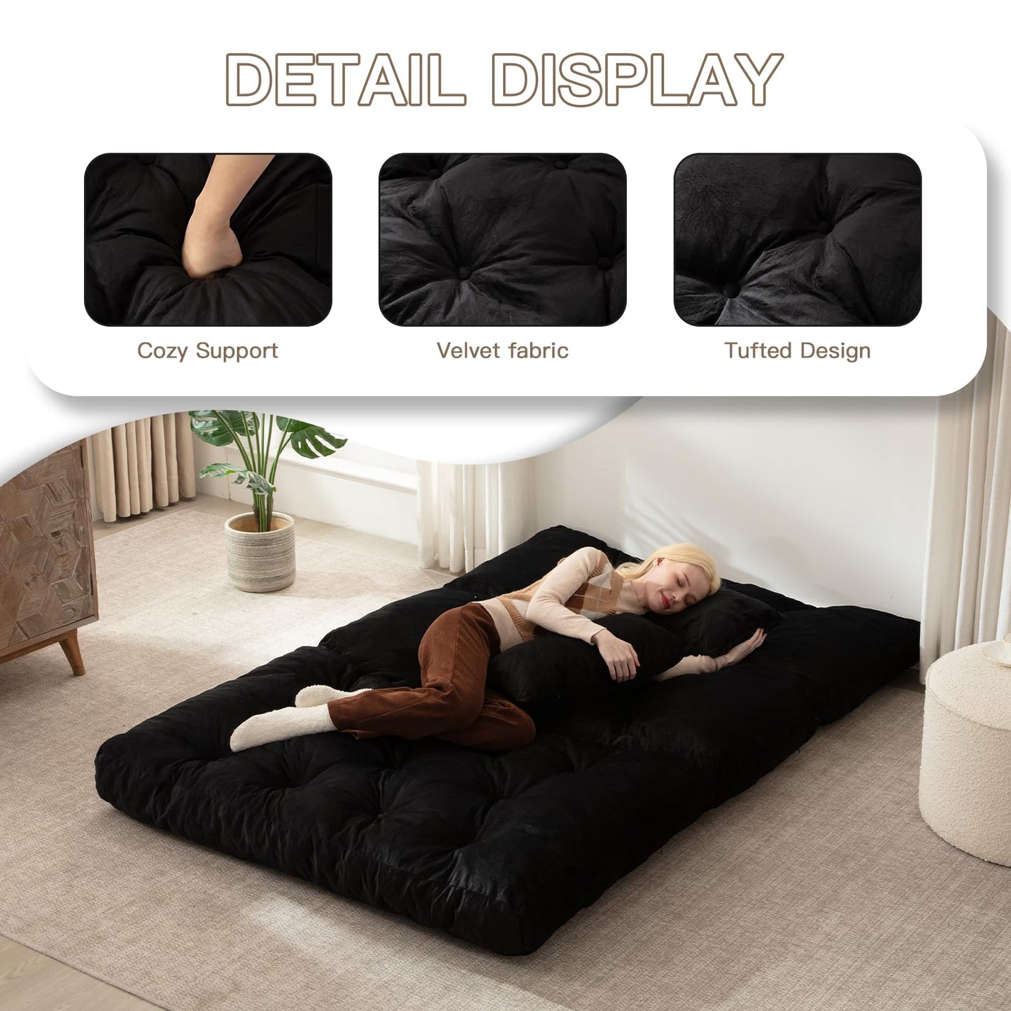 Folding Sofa Bed, Convertible Sleeper Chair with Pillow Foldable Mattress with Back Support, Portable Fold Out Chair Bed Comfy Floor Sofa Lounge for Living Room Bedroom, Black Twin 80x39 Inch