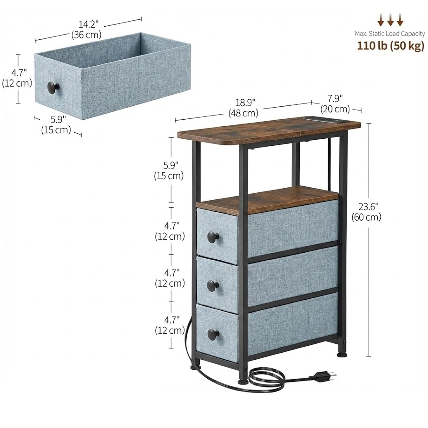 DALEMHOME Narrow End Table with Charging Station, Narrow Side Table with Drawer, Small Nightstand with LED Light, Skinny Nightstand, Small Bedside Table for Living Room, Grey