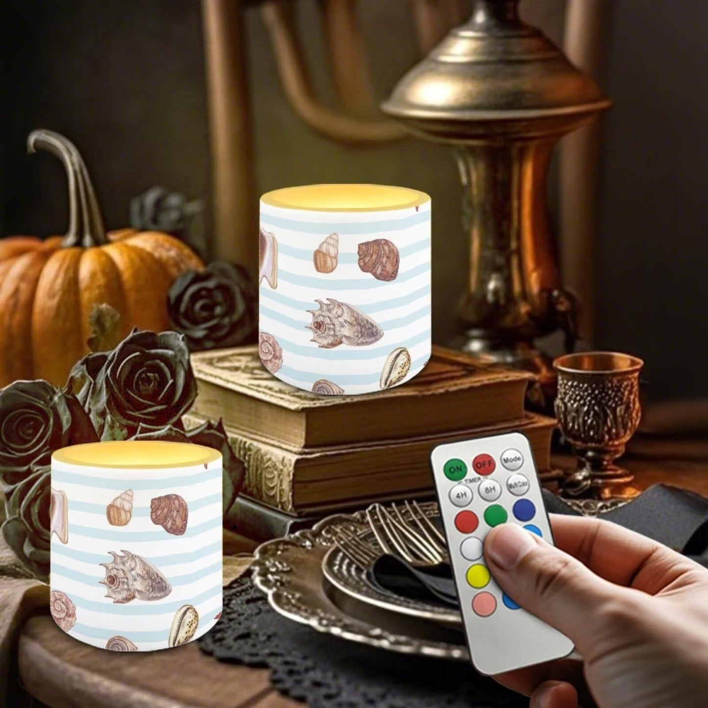 Cozeyat Sea Shell Flameless Candles 4 Pack Battery Operated LED Pillar Candles with Remote Control Timer Waterproof for Indoor Outdoor Beach