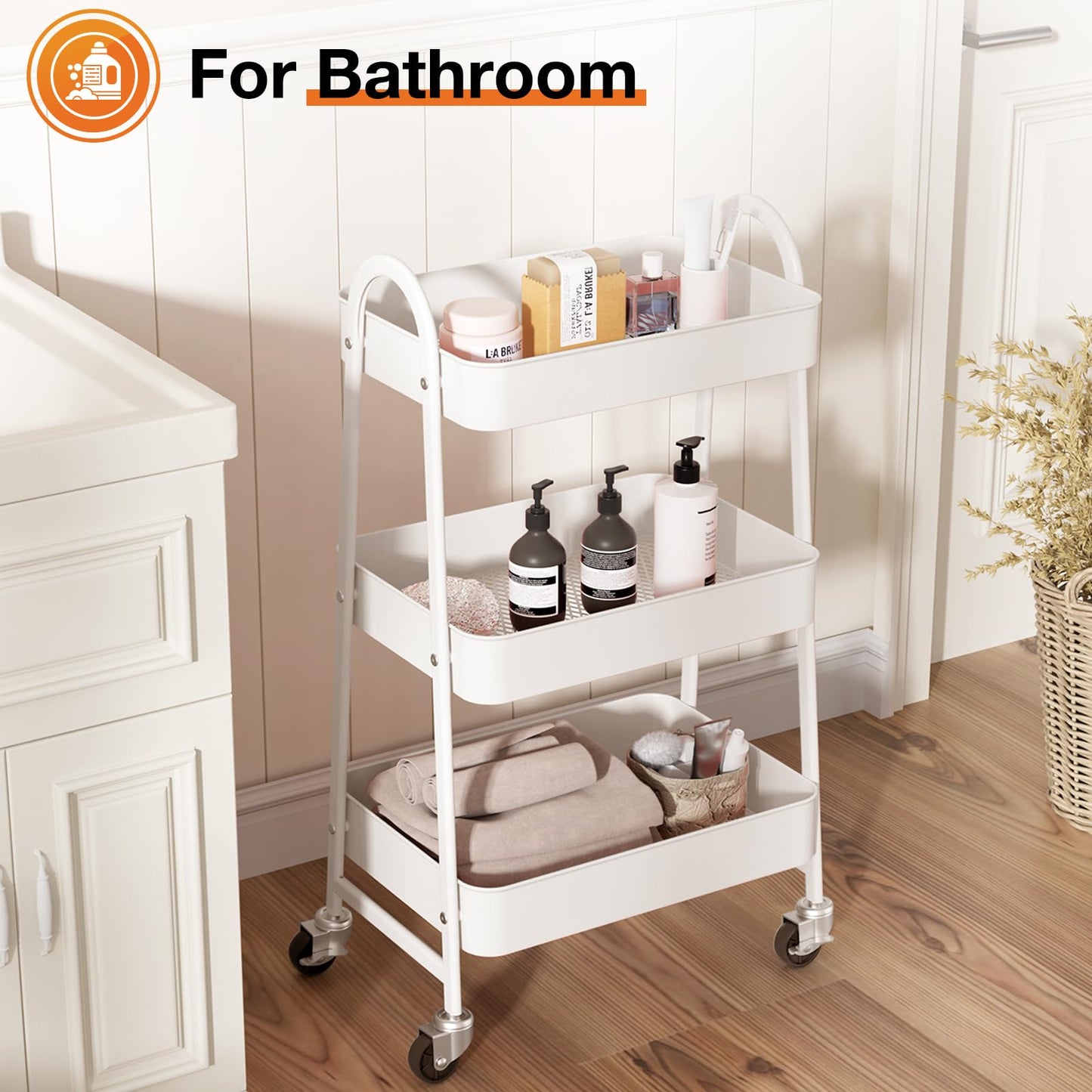 NEWBULIG 3-Tier Metal Rolling Cart with Lockable Wheels, Heavy Duty Mobile Utility Storage Shelf, Roller Book Snack Cart, Organization for Livingroom, Bathroom, Office, White