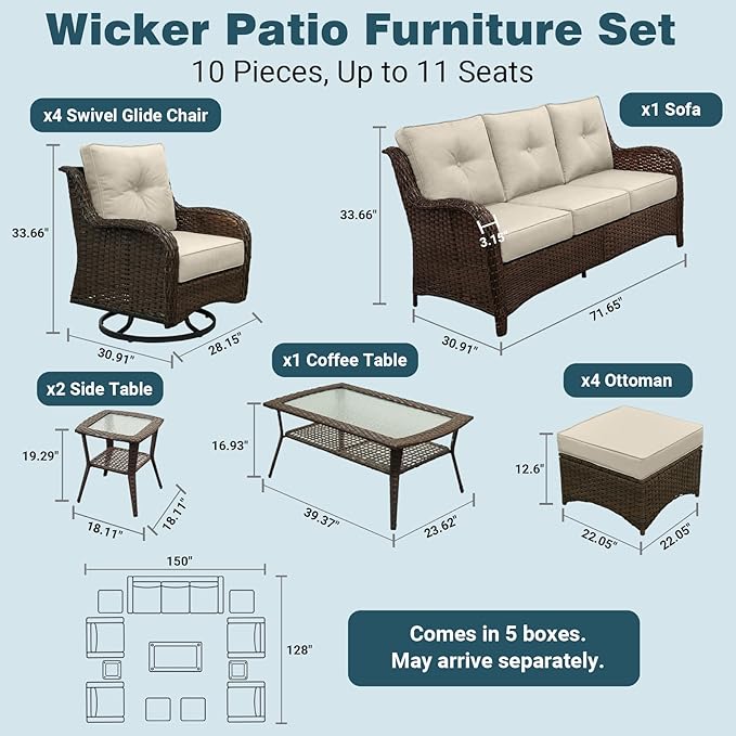 Patio Furniture Set, High Back Rattan Sofa & Swivel Rocker Chairs, Weather