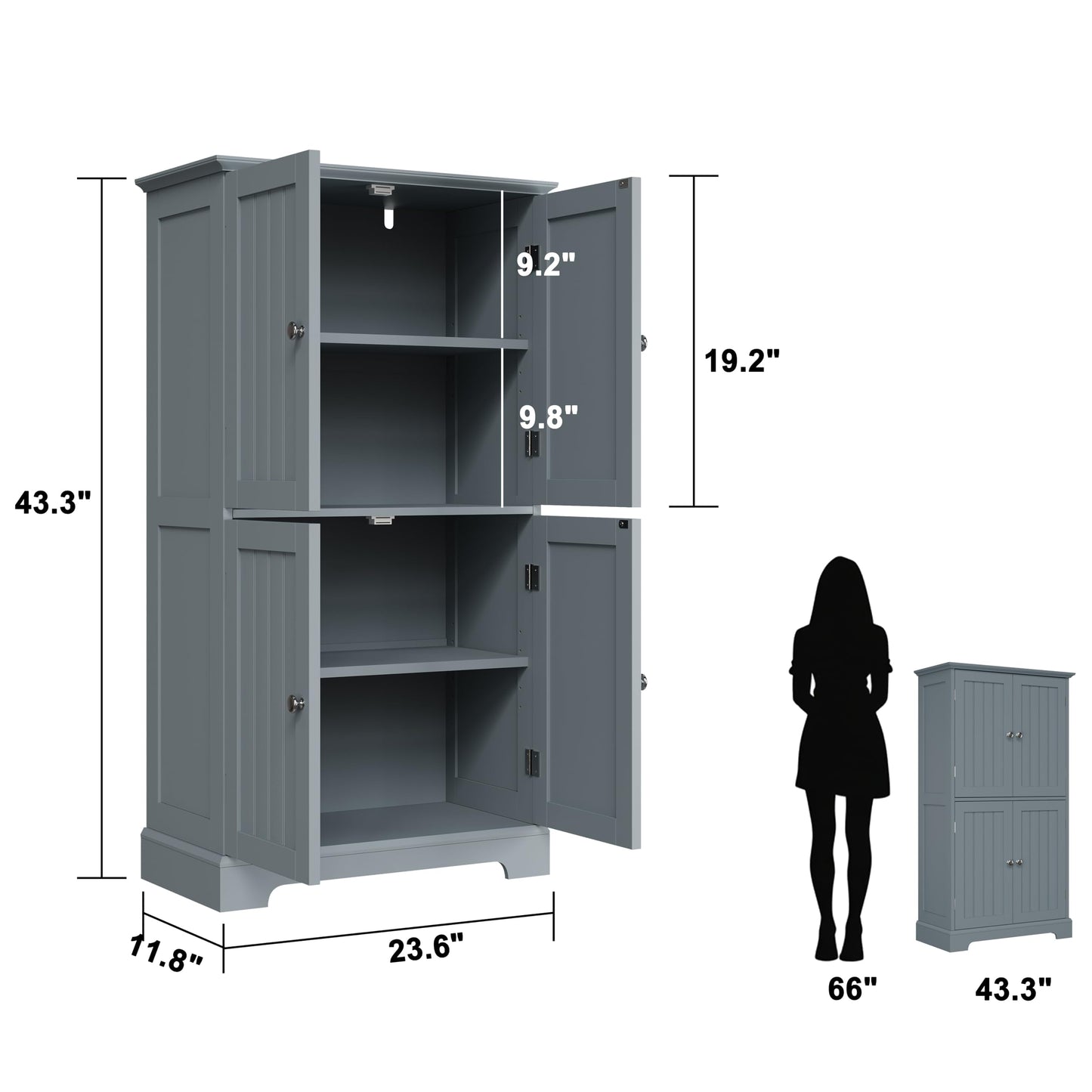 ChooChoo Bathroom Floor Cabinet, Modern Bathroom Storage Cabinet with 4 Doors and Adjustable Shelves, Freestanding Cupboard for Living Room, Grey