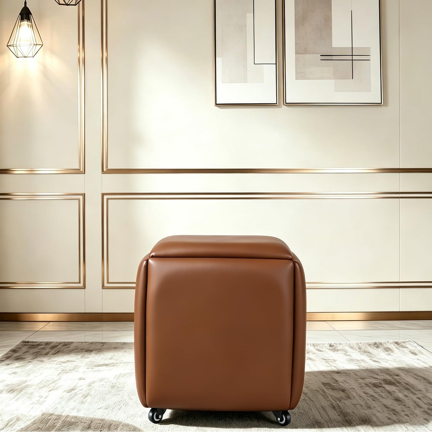 LUGSHIREE 5 in 1 Nesting Ottoman Cube Chair, Stackable Stools, Leather Square Ottoman Bench, Foot Stool with Wheels for Living Room,Dining Room 15.75x15.75x16.54 inches
