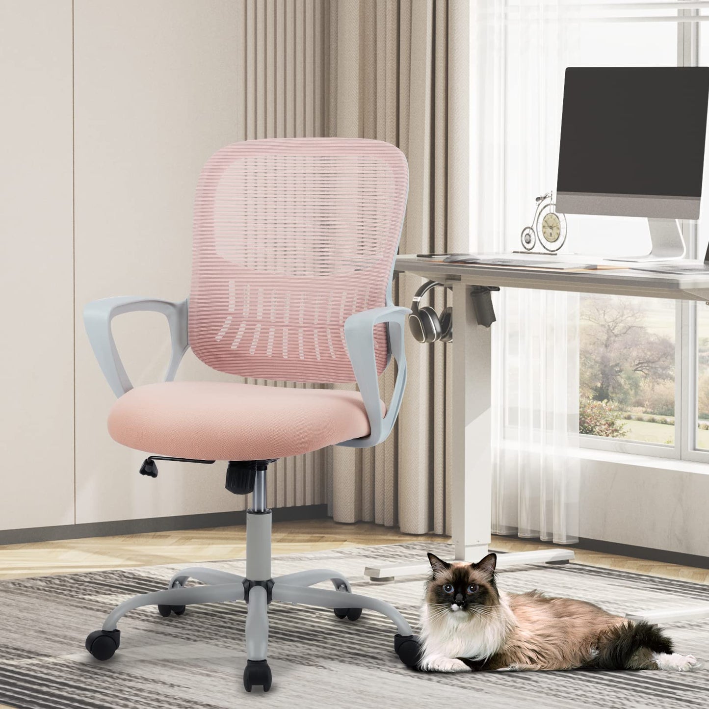 Sweetcrispy Ergonomic Mid-Back Mesh Home Office Desk Chair with Wheels, Managerial Executive Chair with Lumbar Support, and Comfortable Armrests for Home, Bedroom, Study, Office, Pink