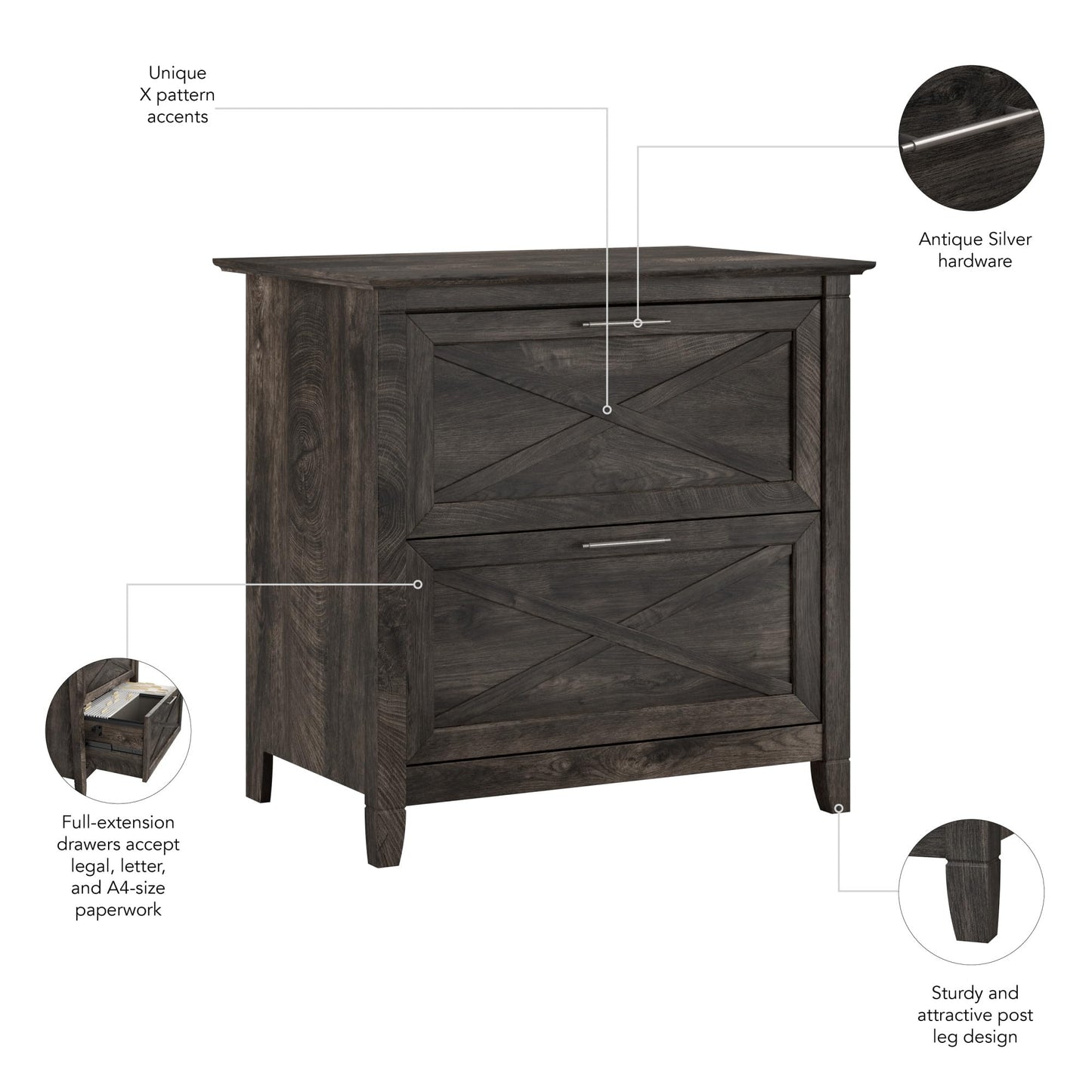 Bush Home Key West 2 Drawer Lateral File Cabinet in Dark Gray Hickory, Document Storage for Home Office, Accent Chest with Drawers