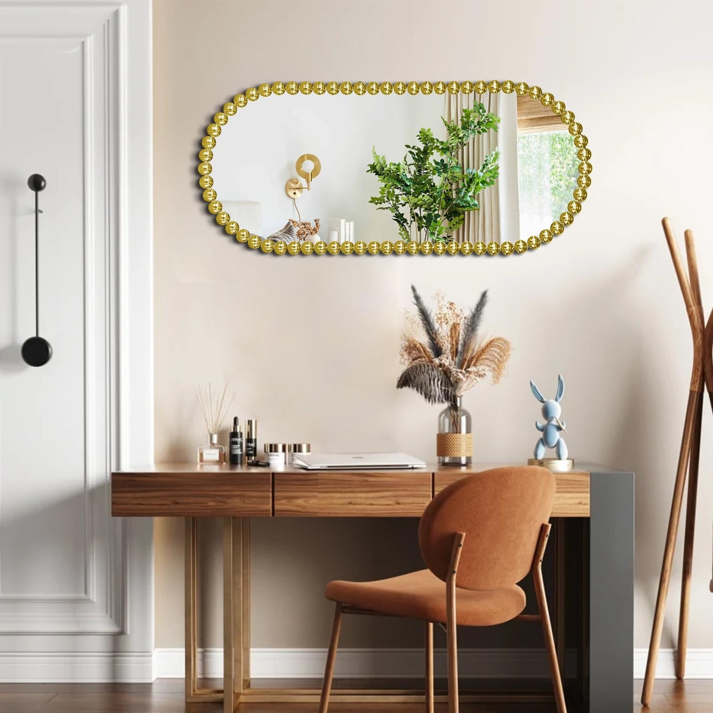Scoffee Gold Oval Bathroom Mirror Vanity Hanging Beaded Framed Baroque Decorative Wall Mirror for Over Sink，Bedroom, Entryway