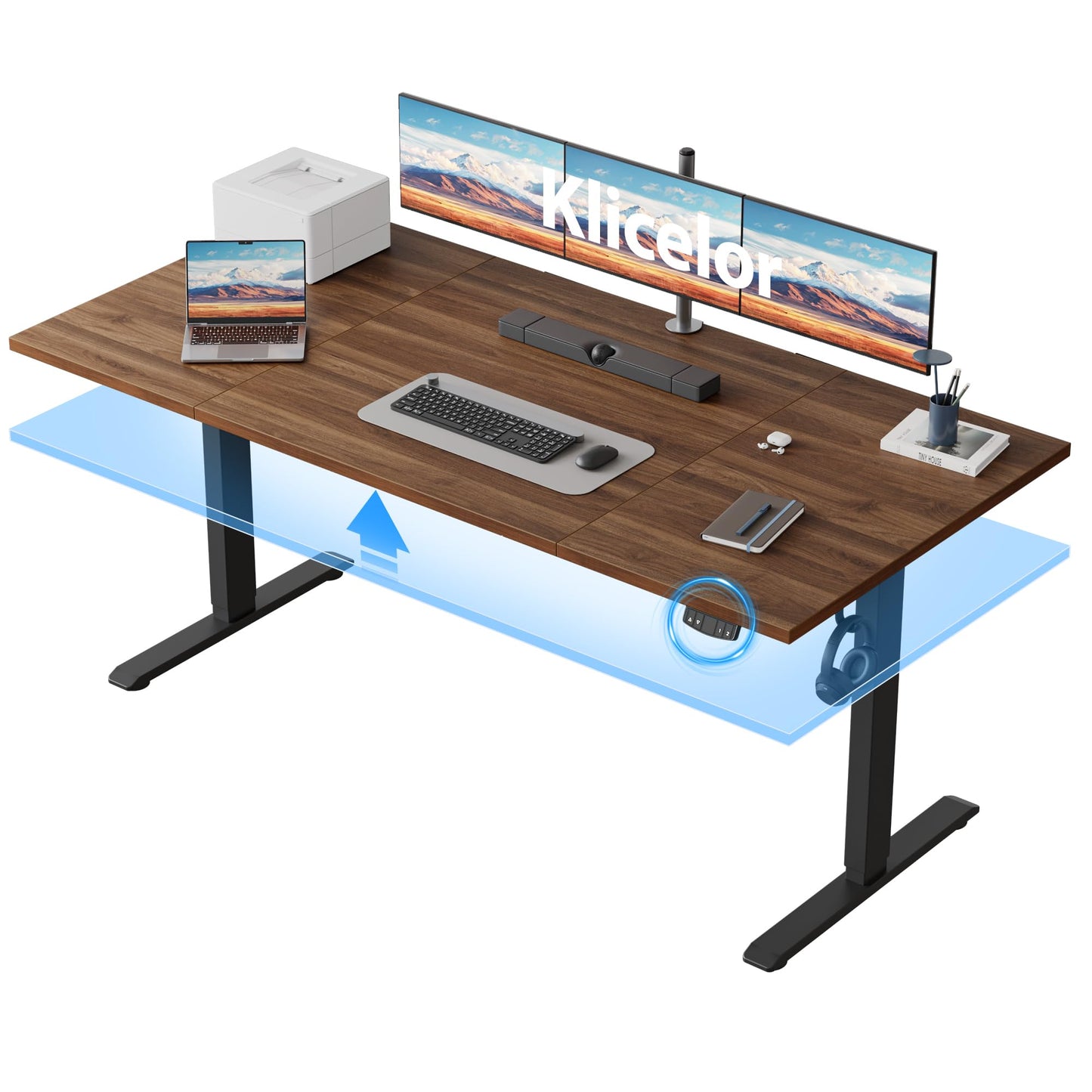 Klicelor 63 Inch Large Electric Standing Desk, Height Adjustable Office Desk, Sit Stand Up Computer Gaming Desk with Memory Preset, Three-Piece Desktop, Dark Walnut