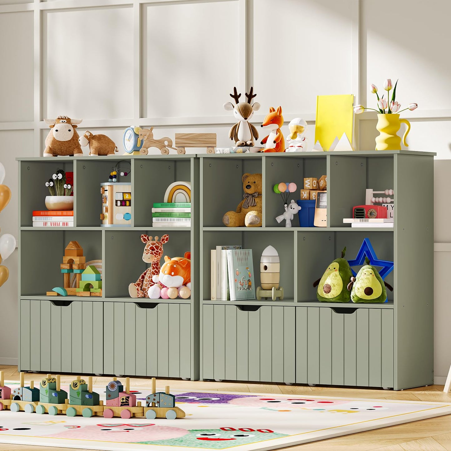 HOOBRO Toy Storage Organizer, Toy Organizers and Storage with 2 Movable Drawers and 5 Cubbies, Toy Chest Shelf for Books or Dolls, Kids Bookshelf and Toy Storage for Playroom, Green GN88CW01
