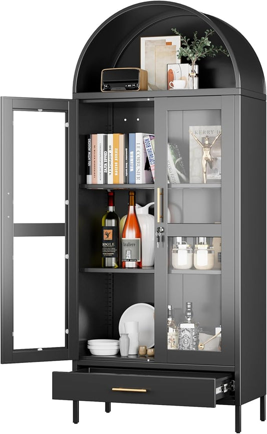 Arched Cabinet with Glass Doors, Modern Kitchen Pantry Cabinet with 2