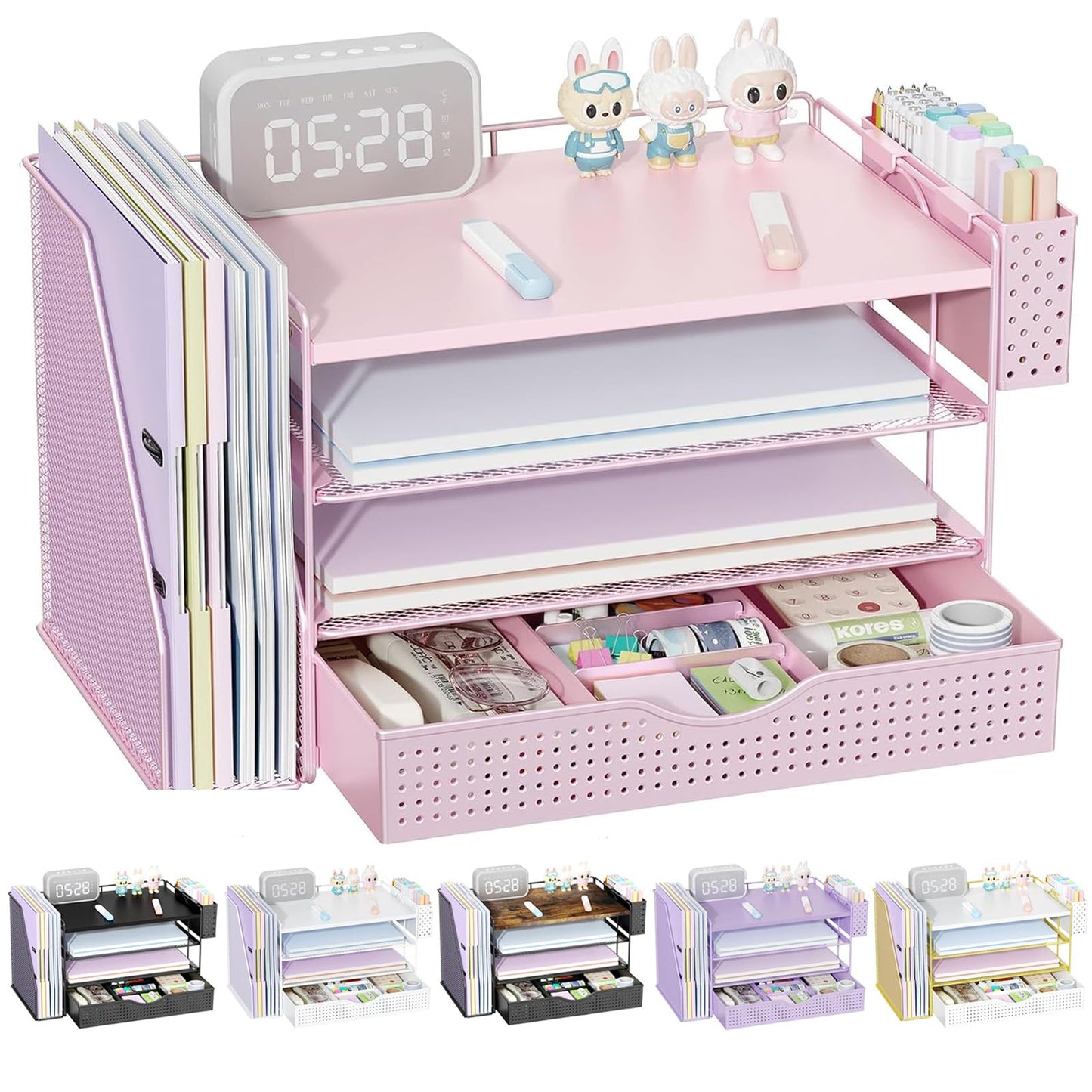 gianotter Wood Desk Organizers and Accessories with File Holder, 4-Tier Desk Accessories & Workspace Organizers with Drawer and Pen Holder, Desk Reference Organizer (Pink, 4T with Drawer)