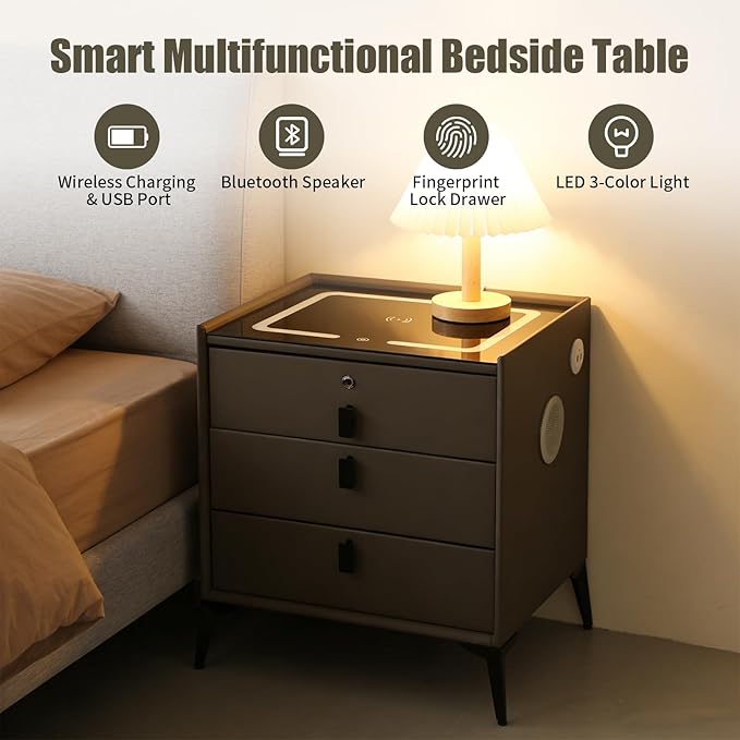 Smart Nightstand with Charging Station, Adjustable LED, USB Ports, Fingerprint