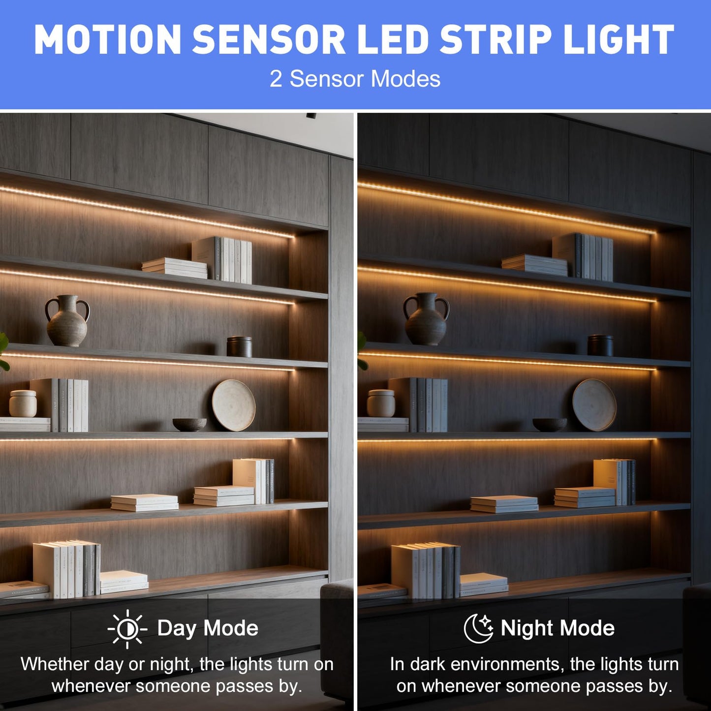 LUXJET Rechargeable Motion Sensor Wardrobe Light, 3.3ft Flexible LED Strip with 30LED, PIR and Light Sensor, Warm White Night Light for Bedroom, Kitchen, Wall, Closet, Cabinet