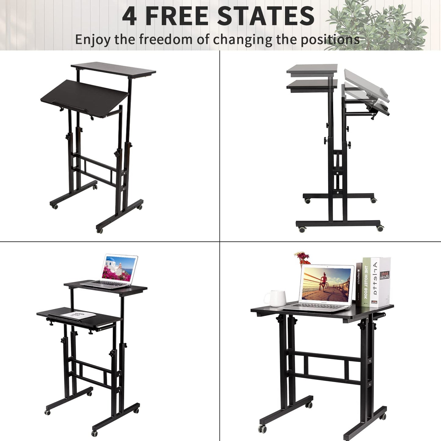 SIDUCAL Mobile Standing Desk, Portable Stand Up, Small Adjustable Converter with Wheels Home Office Workstation, Rolling Desk Laptop Cart for Standing or Sitting, Black