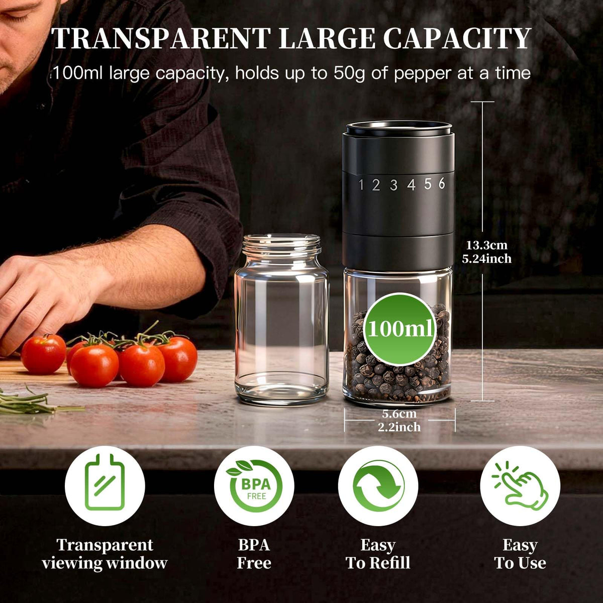 Manual Salt and Pepper Grinder Set, Black Pepper Grinder with Base Cover, 100ml Short Glass Shakers for Peppercorn with 6 Adjustable Coarseness Birthday Gifts for Women Mom