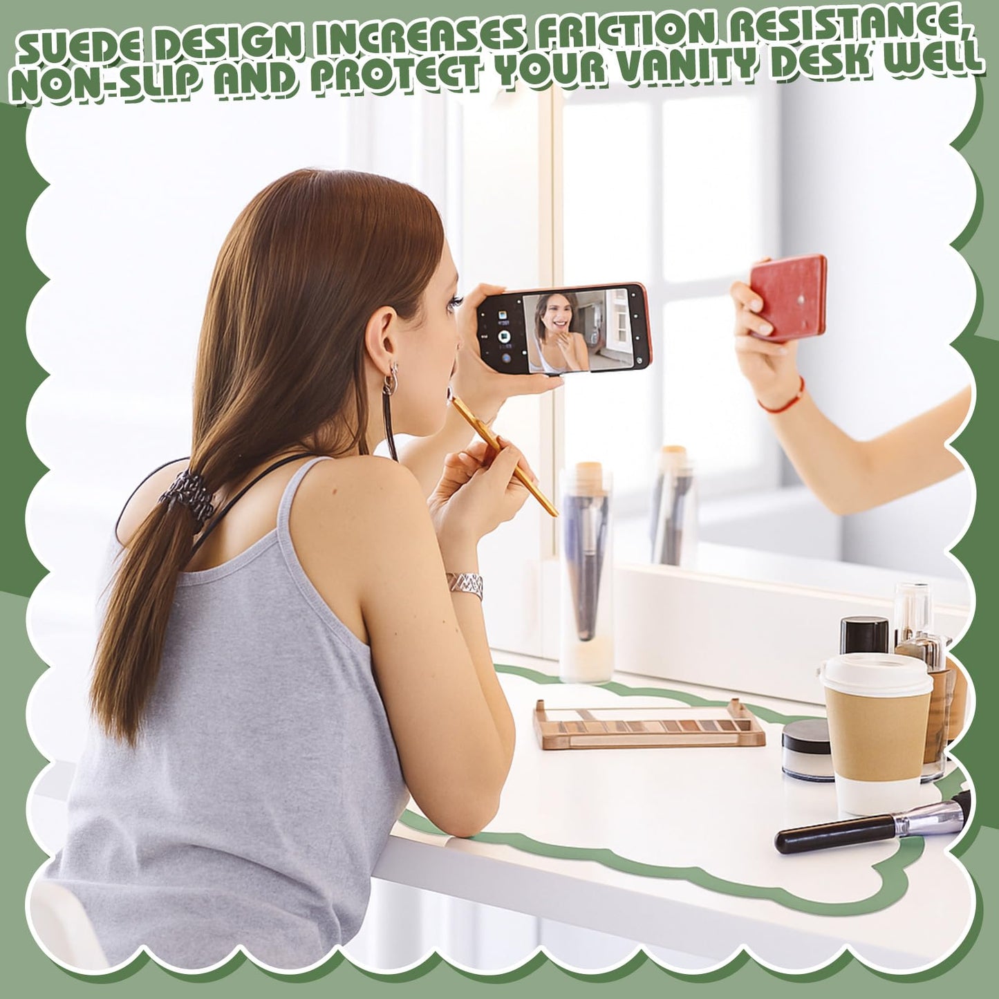 Teenyyou Makeup Mat for Vanity Protect Scalloped Makeup Mat 31.5 x 15.8'' Vanity Cover Top 2026 Graduation Gifts Dual-sided Dressing Table Pad Waterproof Mouse Pads for Dormitory Desktop(Green Edge)