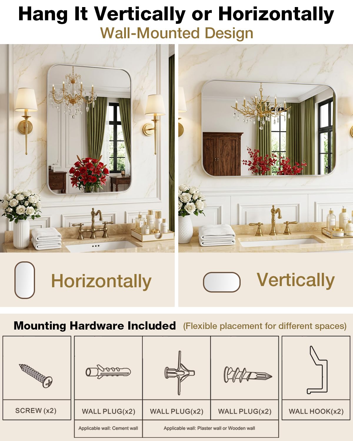 Umzodo 16x24 Inch Brushed Nickel Rounded Rectangle Vanity Mirror with HD Reflection, Shatter-Resistant Tempered Glass Bathroom Mirror for Over Sink, Aluminum Frame, Horizontal or Vertical