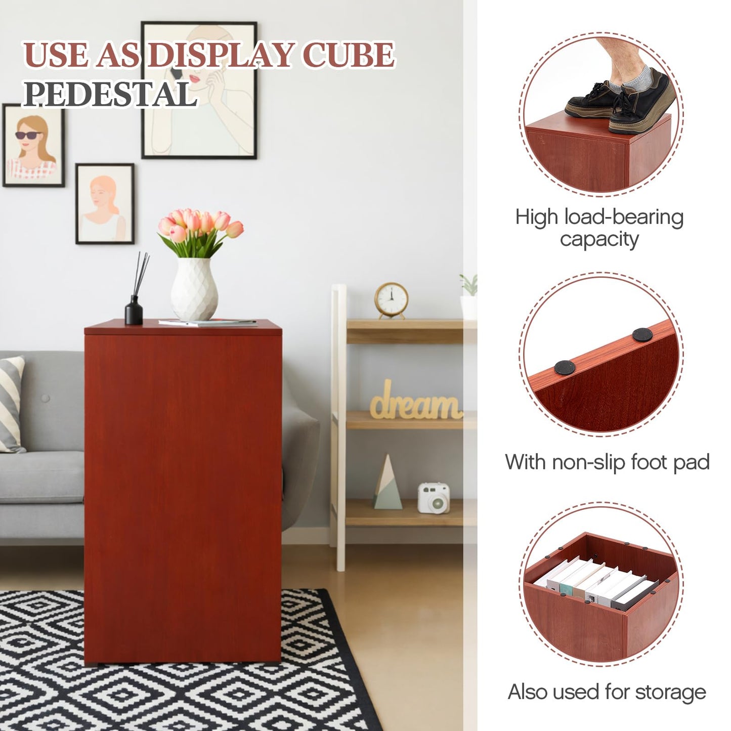 RattanView Wooden Cube Display Pedestal Stand, 15 x 15 x 24 Inch Sculpture Pedestal Stand, Display Riser Column Pillar Easy Assembly Required for Gallery Store Home Wedding Party Event Decor