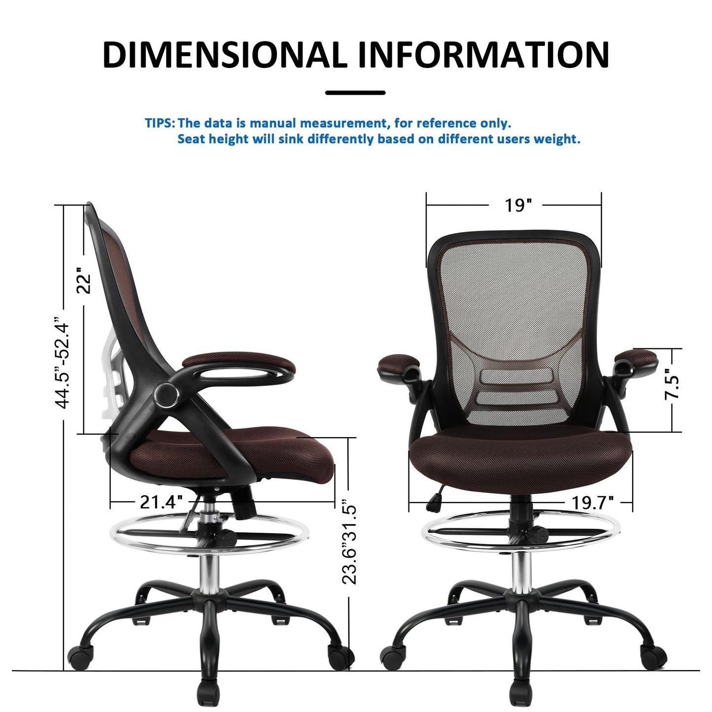 HYLONE Drafting Chair, Tall Office Chair Standing Desk Chair Brown Mesh High-Back Drafting Stool with Flip-Up Arms, Adjustable Foot Ring, Brown