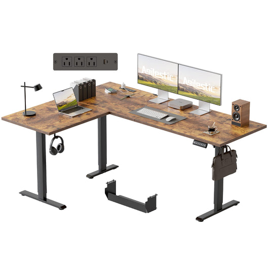 Agilestic Electric L Shaped Standing Desk 63 x 48 Inch with Power Outlet, Height Adjustable Corner Stand up Desk with Cable Management,Sit Stand Home Office Workstation with Splice Board, Rustic Brown