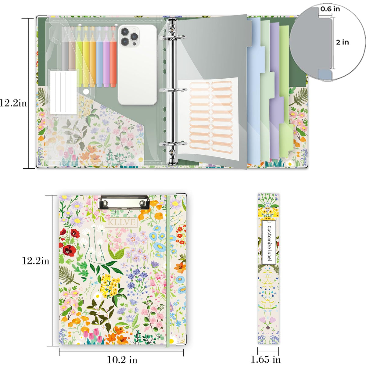 3 Ring 1 Inch Binder Organizer, KLLVE Three Ring Binders with Clipboard, 5-Tabs Pockets Dividers, Plastic Folder, 18 Divider Stikers,Pen Loop (Wildflower, Letter Size)