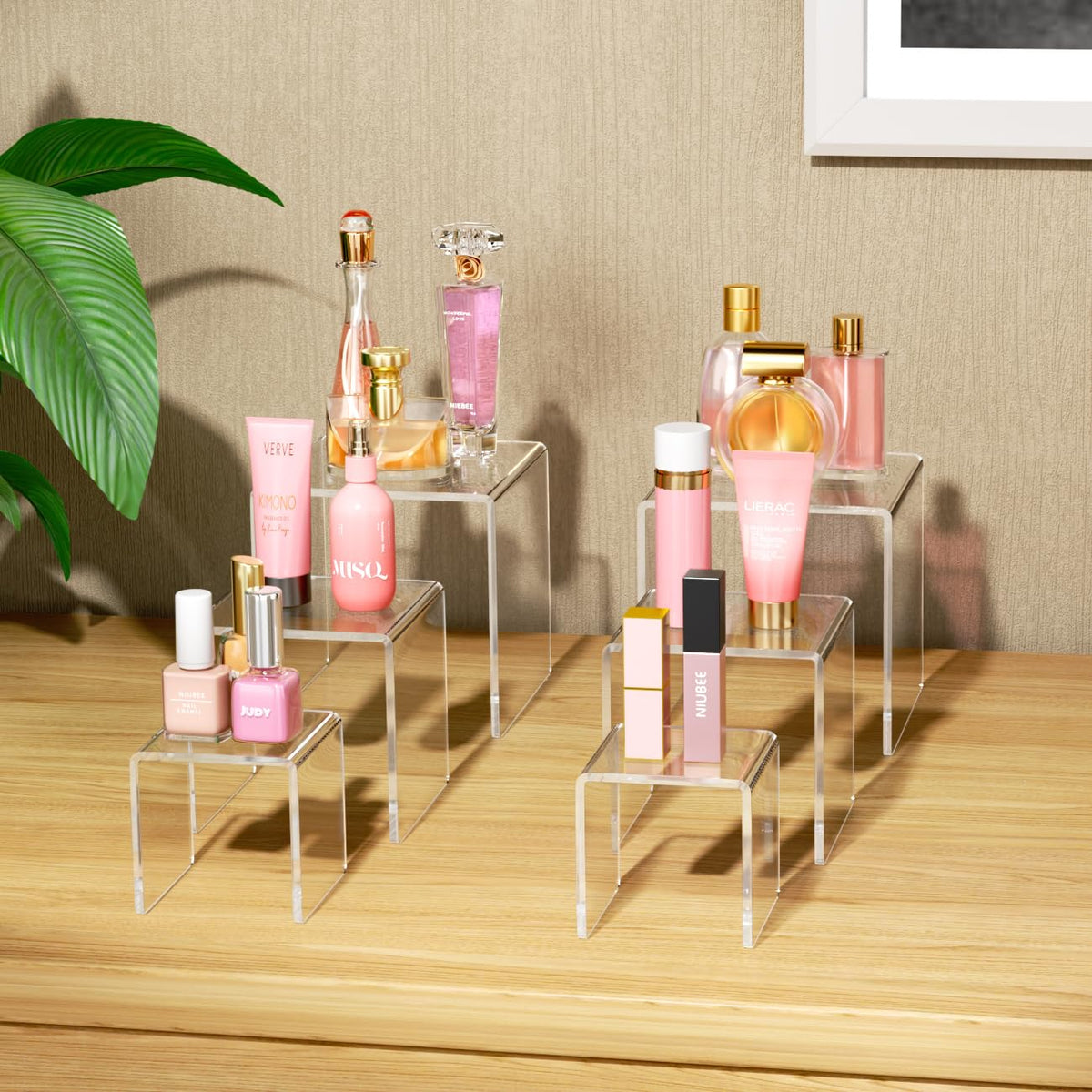 NIUBEE Acrylic Display Risers Stand 2 Sets,3 Steps Clear Riser Shelf Showcase for Amiibo Funko POP Figures -8.4"x6.3"x4.3"