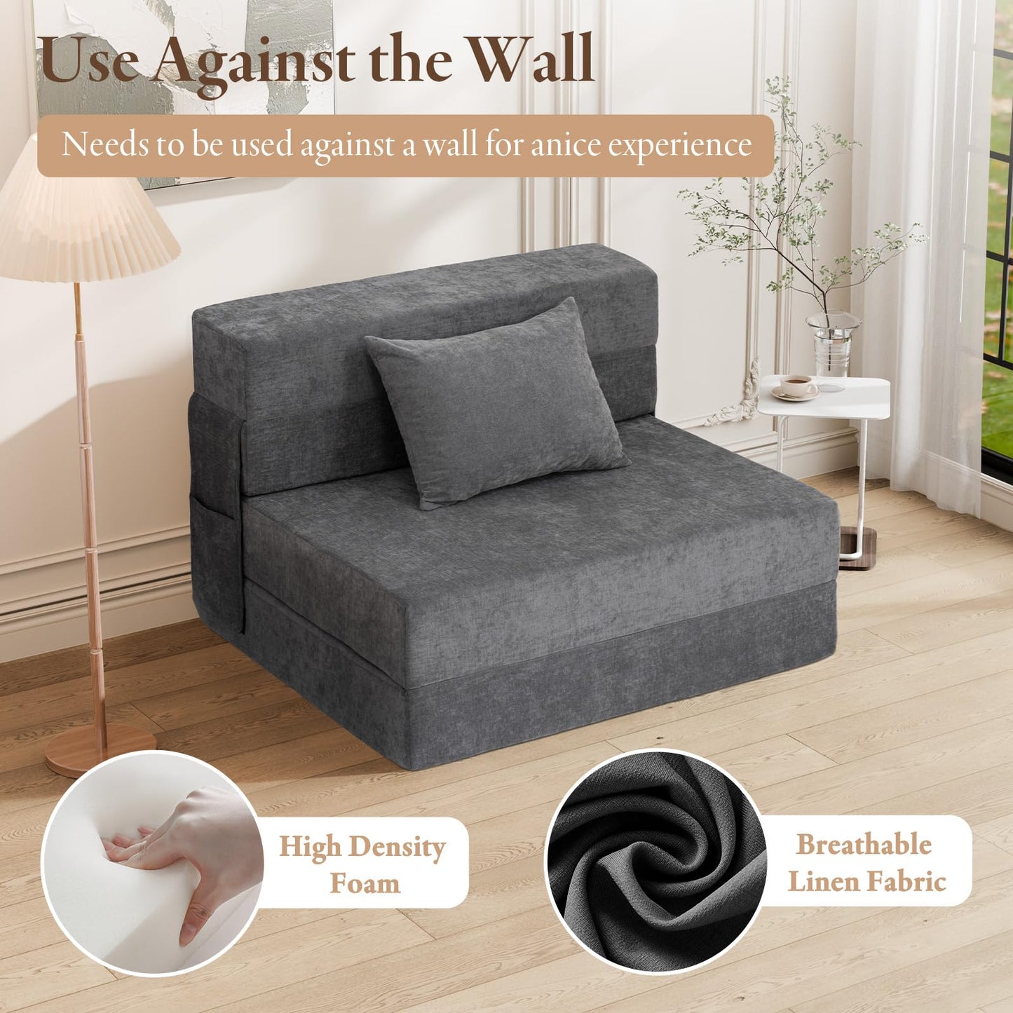 HOMFINE Folding Sofa Bed - Convertible Sleeper Chair with Pillow, Fold Out Couch, Memory Foam Floor Mattress, Futon Couch, Lazy Sofa for Living Room/Dorm/Guest Room/Home Office, Twin, Grey