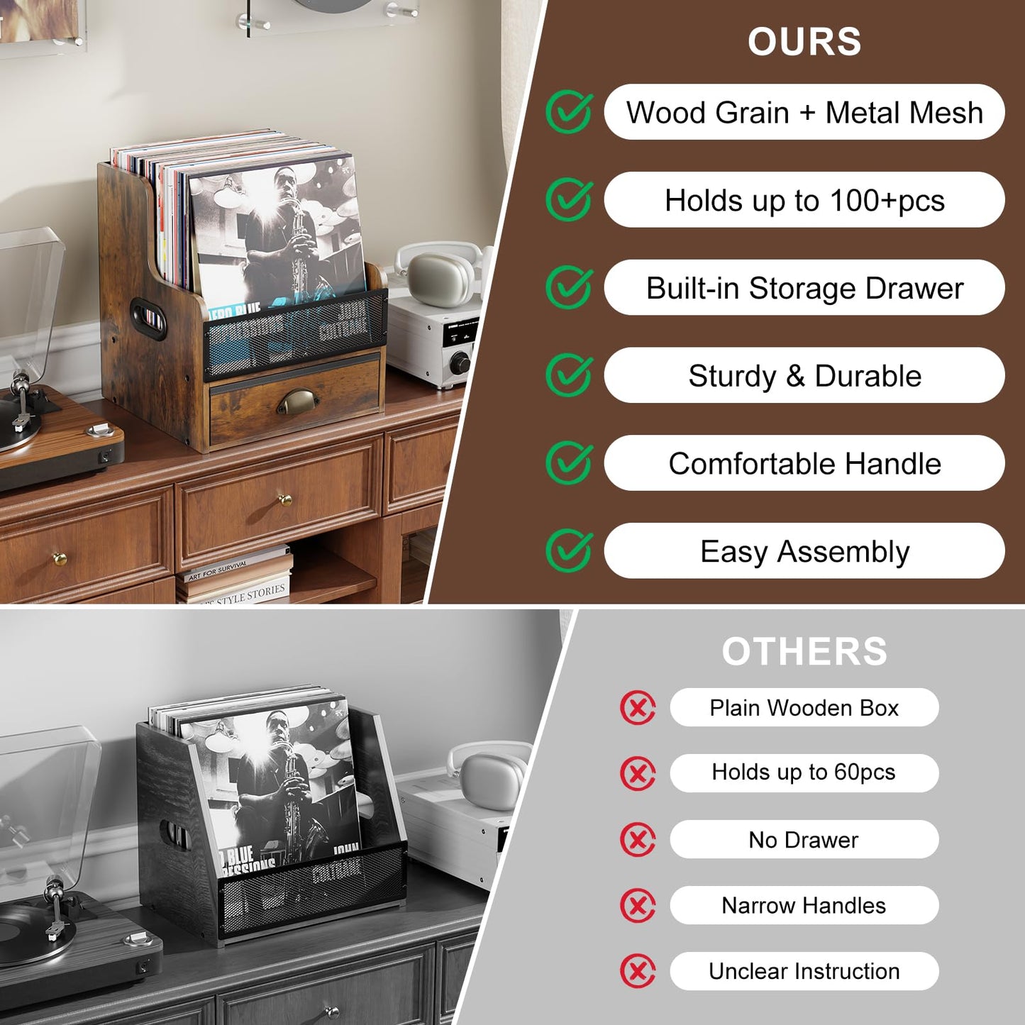 JunVpic Vinyl Record Storage Crate with Drawer – Wooden & Metal LP Record Holder Box for Home, Desktop & Music Room, Holds 100+ Vinyl Albums, Books, and Files