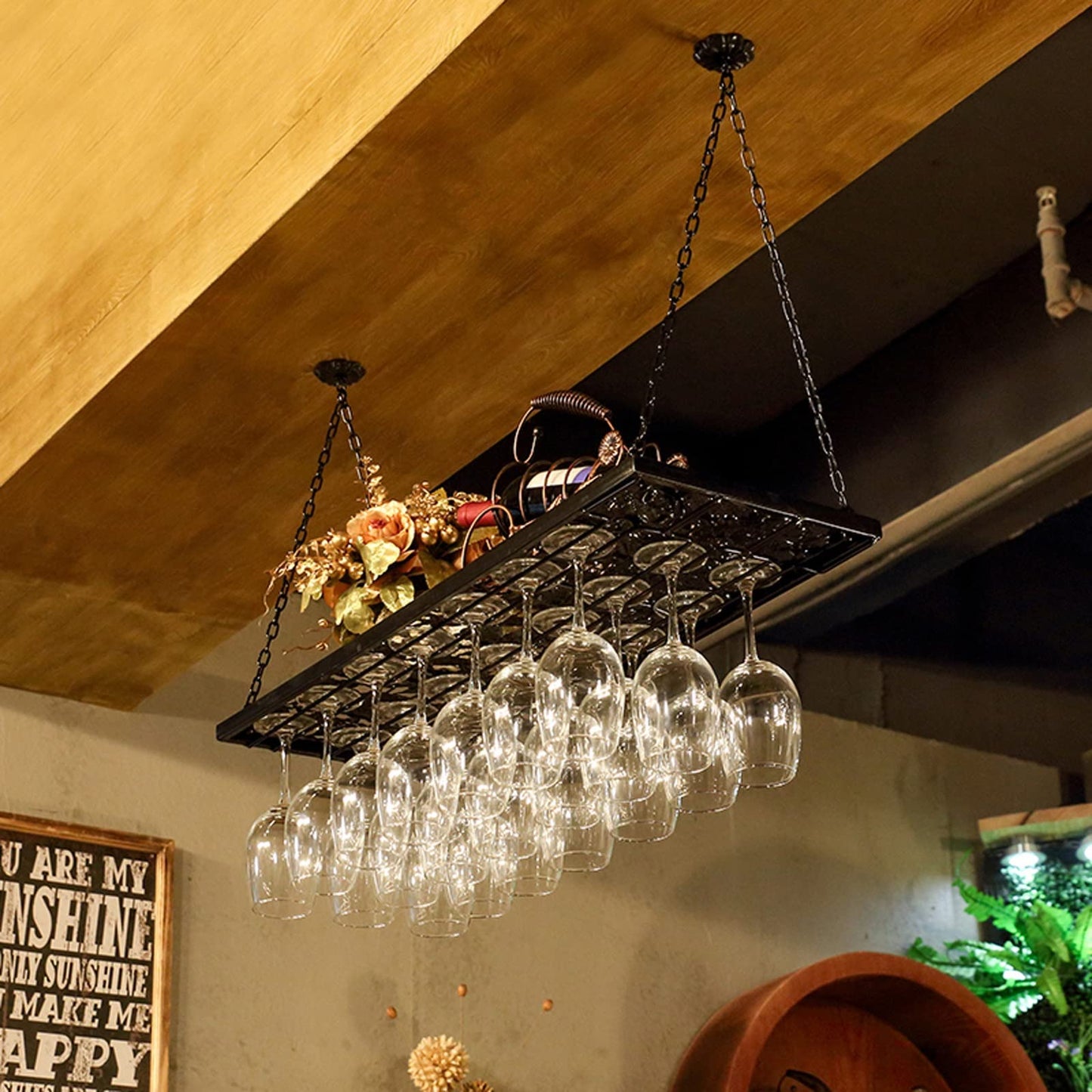 MISTRARA Ceiling Wine Glass Rack, Hanging Wine Rack with Glass Holder and Shelf, Height Adjustable Hanging Wine Bottle Holder, Metal Ceiling Shelf for Bar Cafe Kitchen (Color : Black, Siz