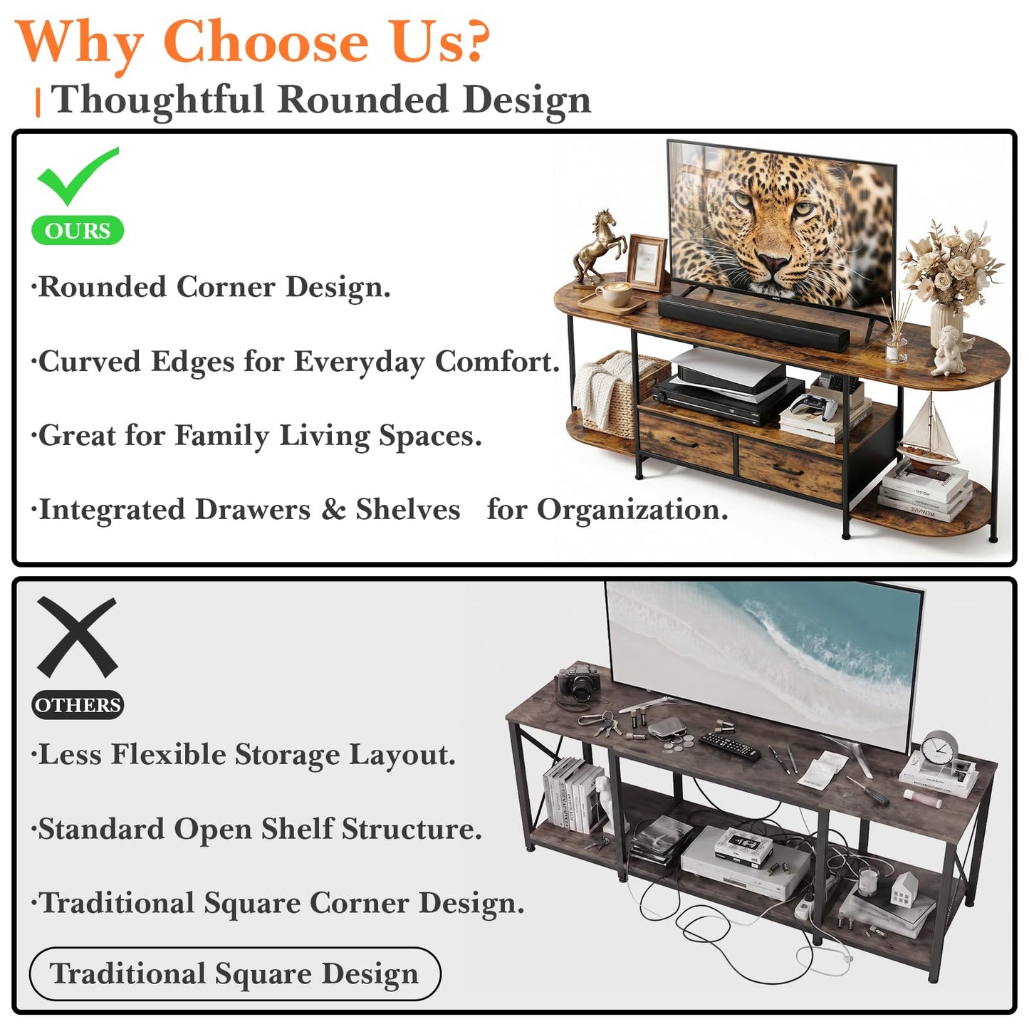 Faesun 63 Inch TV Stand for TVs Up to 70 Inch, Rustic Brown Entertainment Center with 2 Fabric Drawers, Modern TV Console Table with Curved Edge, Wood Media Stand for Living Room Bedroom