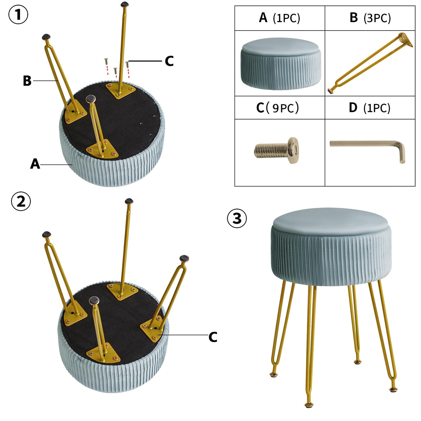 IBUYKE Velvet Storage Footrest Stool Ottoman, Makeup Vanity Stool Side Table with Golden Steel Legs Removable Cover, Coffee Table Top Cover, Blue LG-20H
