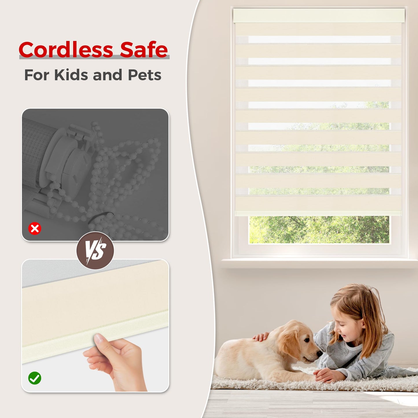 Allesin zen Cordless Zebra Blinds 22" W x 72" H Beige, Dual Layer Day and Night Shades, Room Darkening Blackout & UV Protection, Child & Pet Safe, Easy Install, Home Office Window Treatment