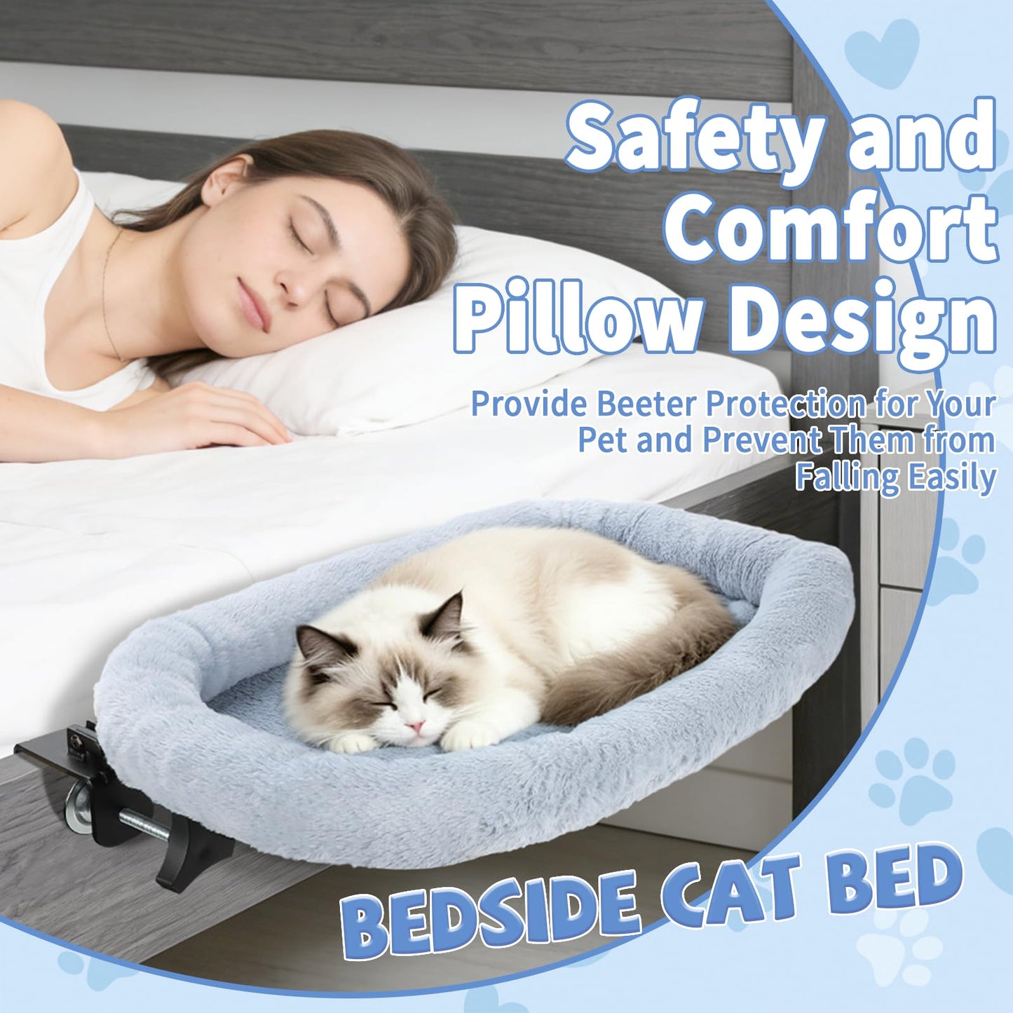 Midollarle Bedside Cat Bed, 23"x14" Spacious Pet Beds Attached to Human Bed, Soft Plush Foldable Cat Beds with Steel Clamp, Removable & Washable Pet Bed Supports Up to 40lbs