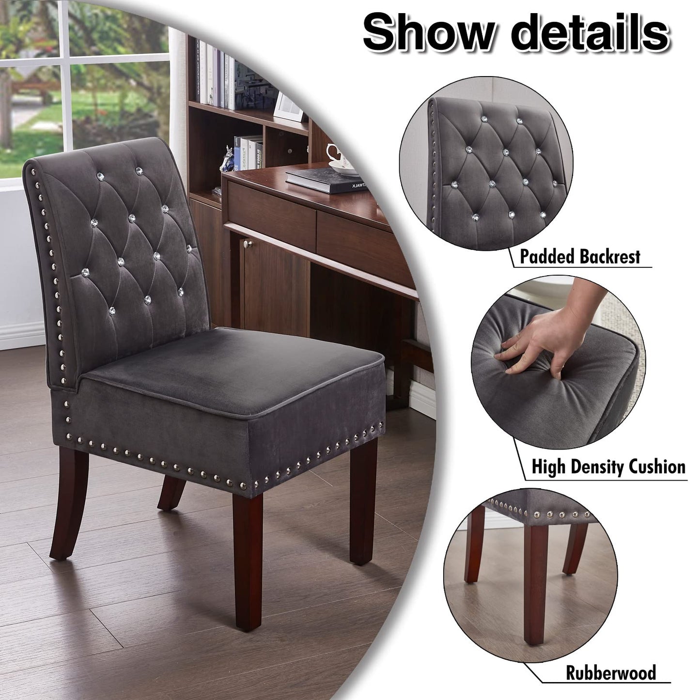Velvet Dining Chairs, DRM'SCUUM Modern Accent Chair for Living Room, Grey Velvet with Crystal Buttons,Rubber Wood Legs Luxury Tufted Dining Chair for Living Room, Bedroom, Kitchen