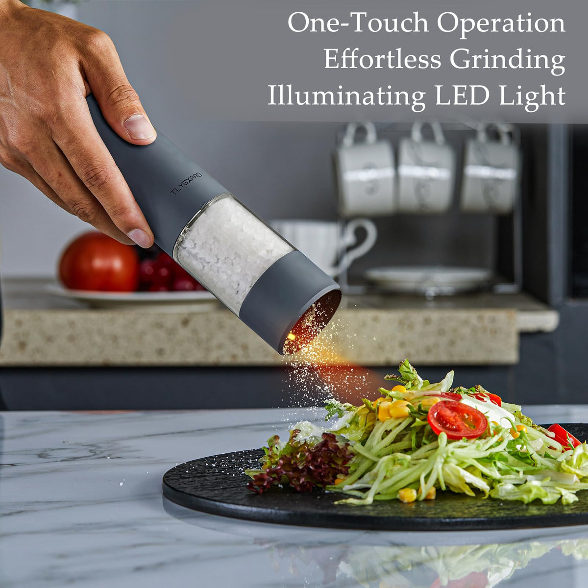 TLYSXPRO Electric Salt and Pepper Grinder Set with USB Rechargeable, Automatic One Hand Operation with Adjustable Coarseness, Pepper Mill Grinder Refillable with LED Light (2 Packs, Blue-Grey)