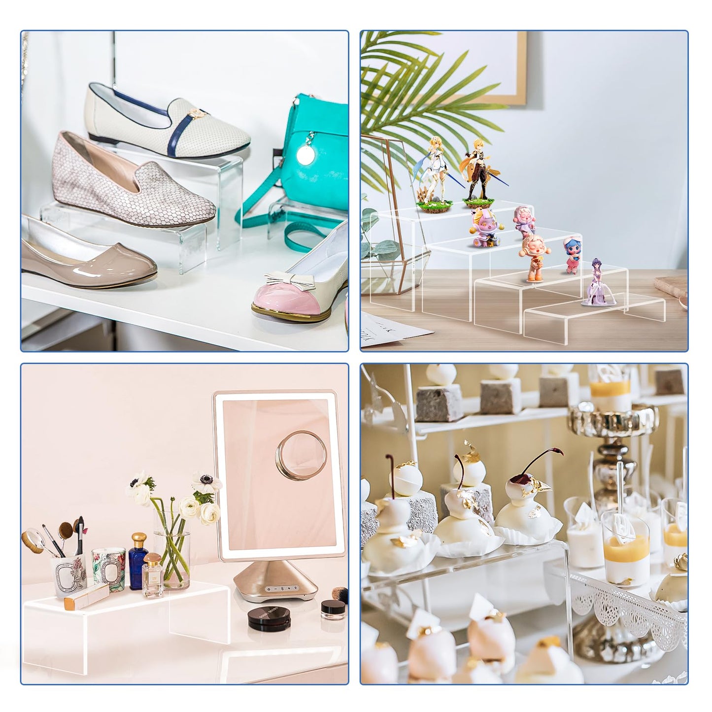 Aheroi Display Risers, 16 Pcs 4 Set(7”L~8”L~9”L) Acrylic Riser Display Shelf, Clear Risers Display Stands, Rectangular Acrylic Risers for Decor Display, Cupcake Candy Shoe Showcase Stands