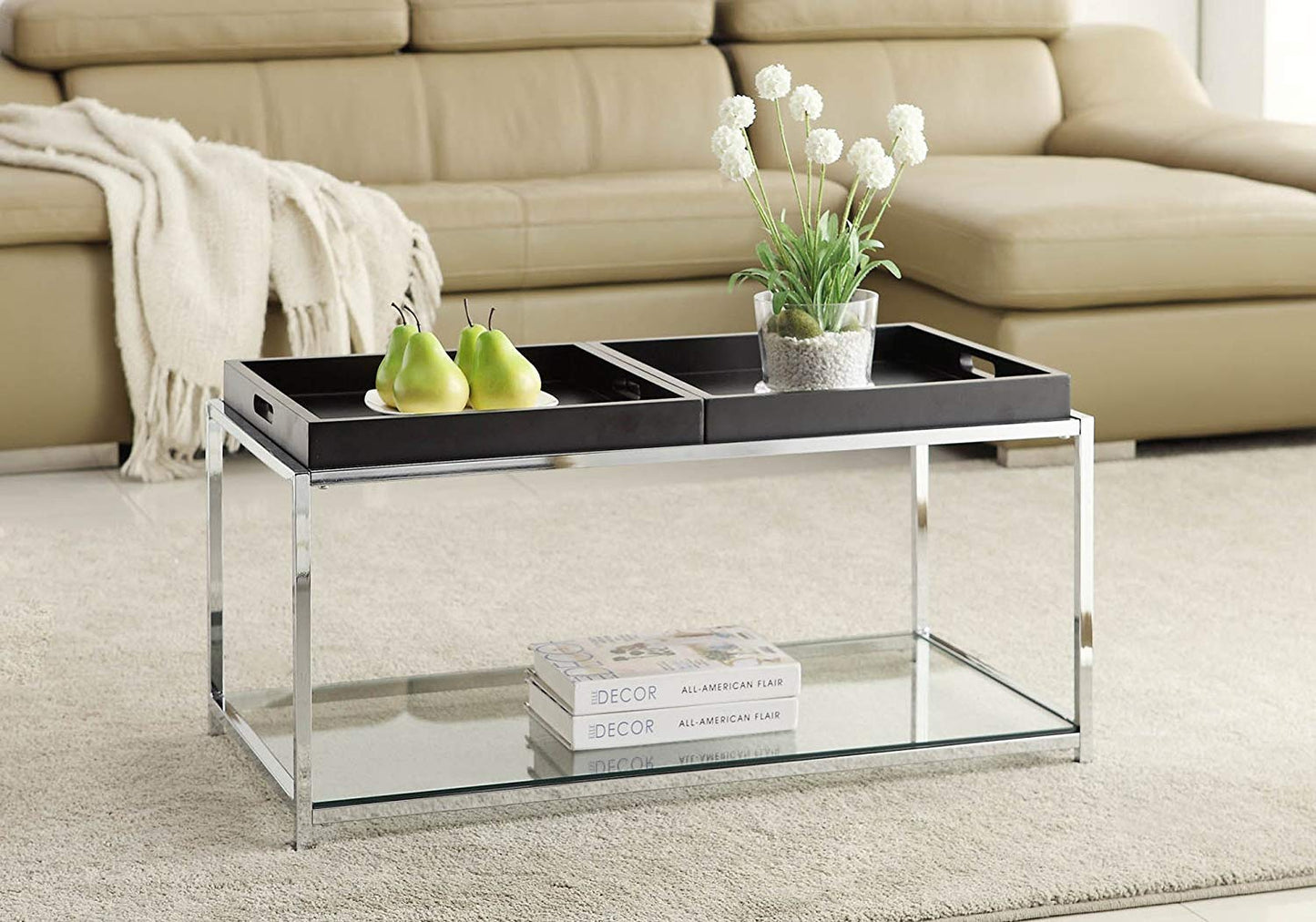 Convenience Concepts Palm Beach Serving Tray 16.75" - Kitchen & Living Room Square Wood Decorative Tray with Handles, Ottoman Accent Tray, Coffee Table Tray, Counter Organization & Storage, Black