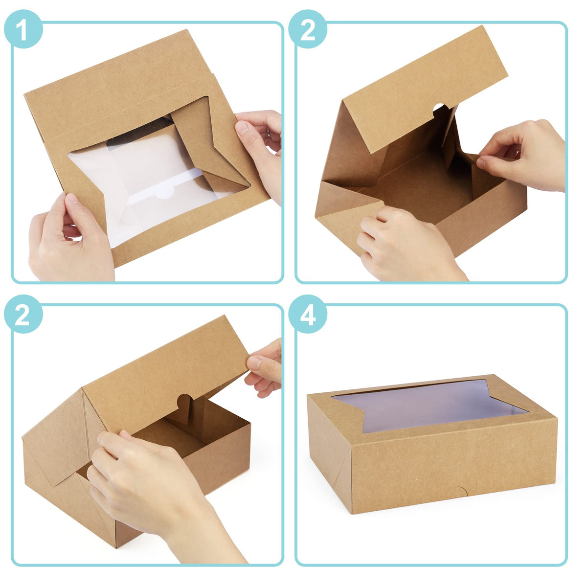 Eupako Cookie Boxes with Window 8x6x2.5 Inhces, 24pcs Auto-Popup Brown Treat Boxes for Bakery, Donuts, Candy, Pastry,Cupcakes, Biscuits, Chocolate Strawberries