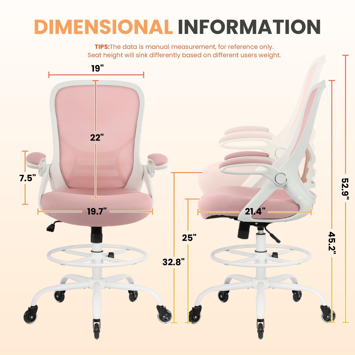 HYLONE Drafting Chair Tall Office, Ergonomic Standing Desk Stool Adjustable Big and Tall Drafting Office Chair with Flip-Up Armrests, Mesh, Pink