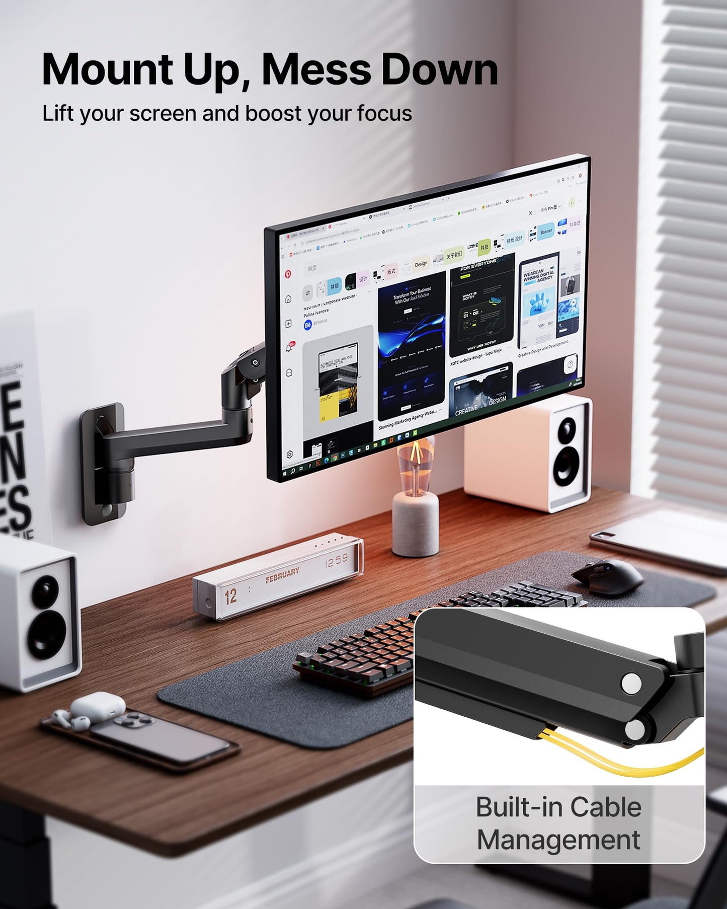 monTEK Ultra Wide Wall Mount Monitor Arm for 17-49 Inch Screens, Heavy Duty Single Monitor Mount up to 44 lbs, Fully Adjustable Gas Spring Wall Mount, 75x75/100x100 VESA Mount, Black