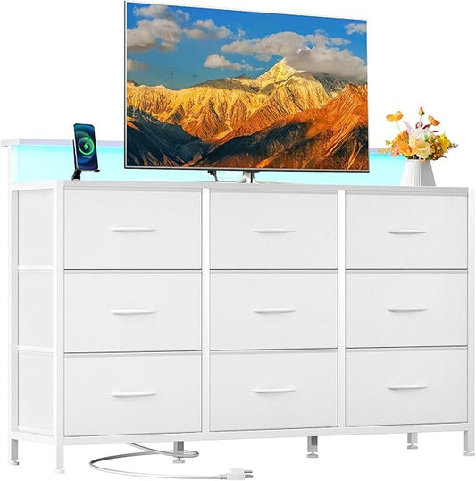 DUMOS TV Stand Dresser with 9 Fabric Drawers and Open Shelves, Entertainment