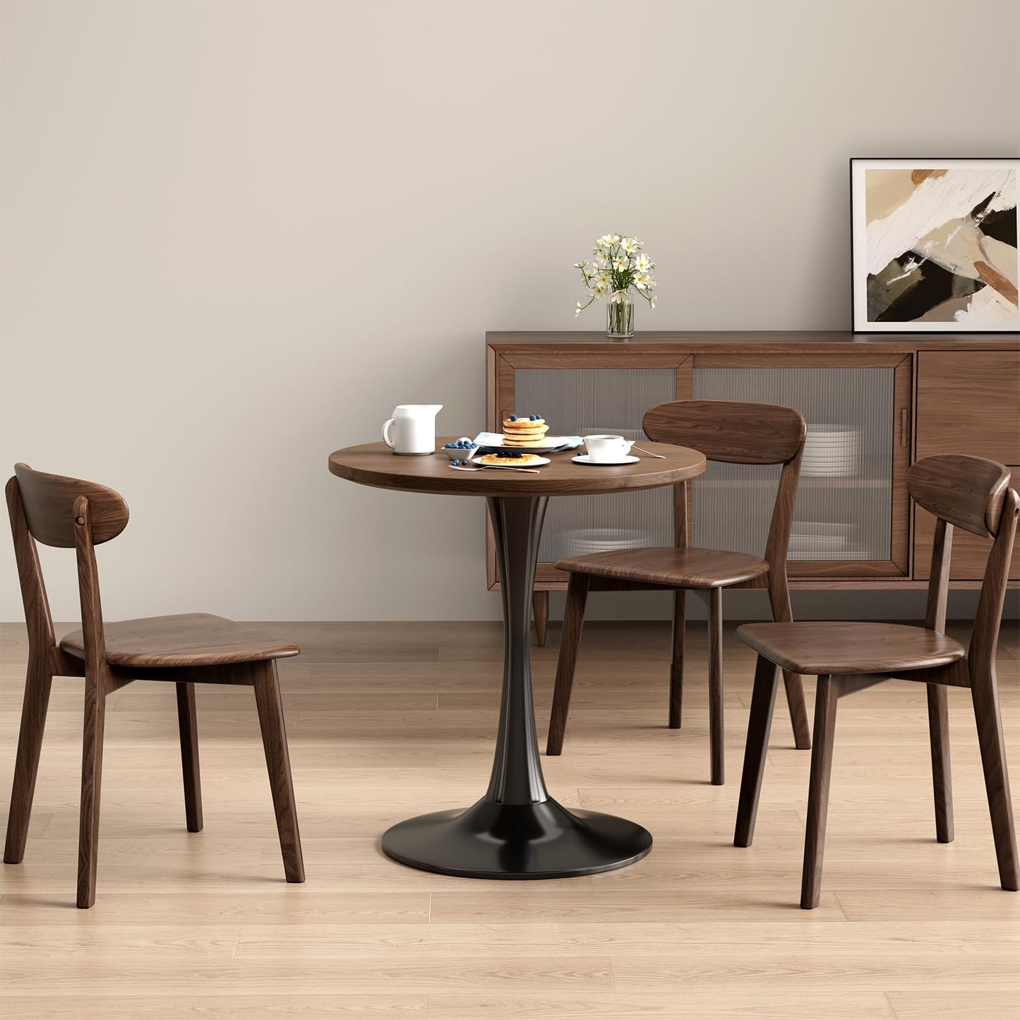 24 inch Small Tulip Table for 2 Person, Walnut Round Dining Table for Kitchen, Leisure Wood Mid Century Modern Table with Metal Pedestal Base for Cafe, Living Room, Bar, Circle Bistro Tables