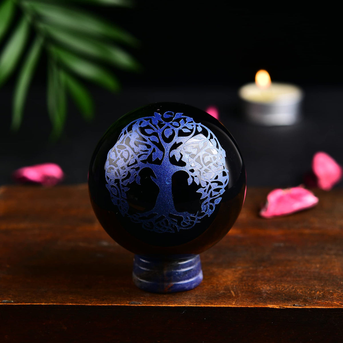 JIC Gem Small Black Obsidian Crystal Ball Sphere Carving Tree of Life with Blue Sodalite Decorative Stand for Meditation, Healing, Feng Shui (60mm / 2.2in)